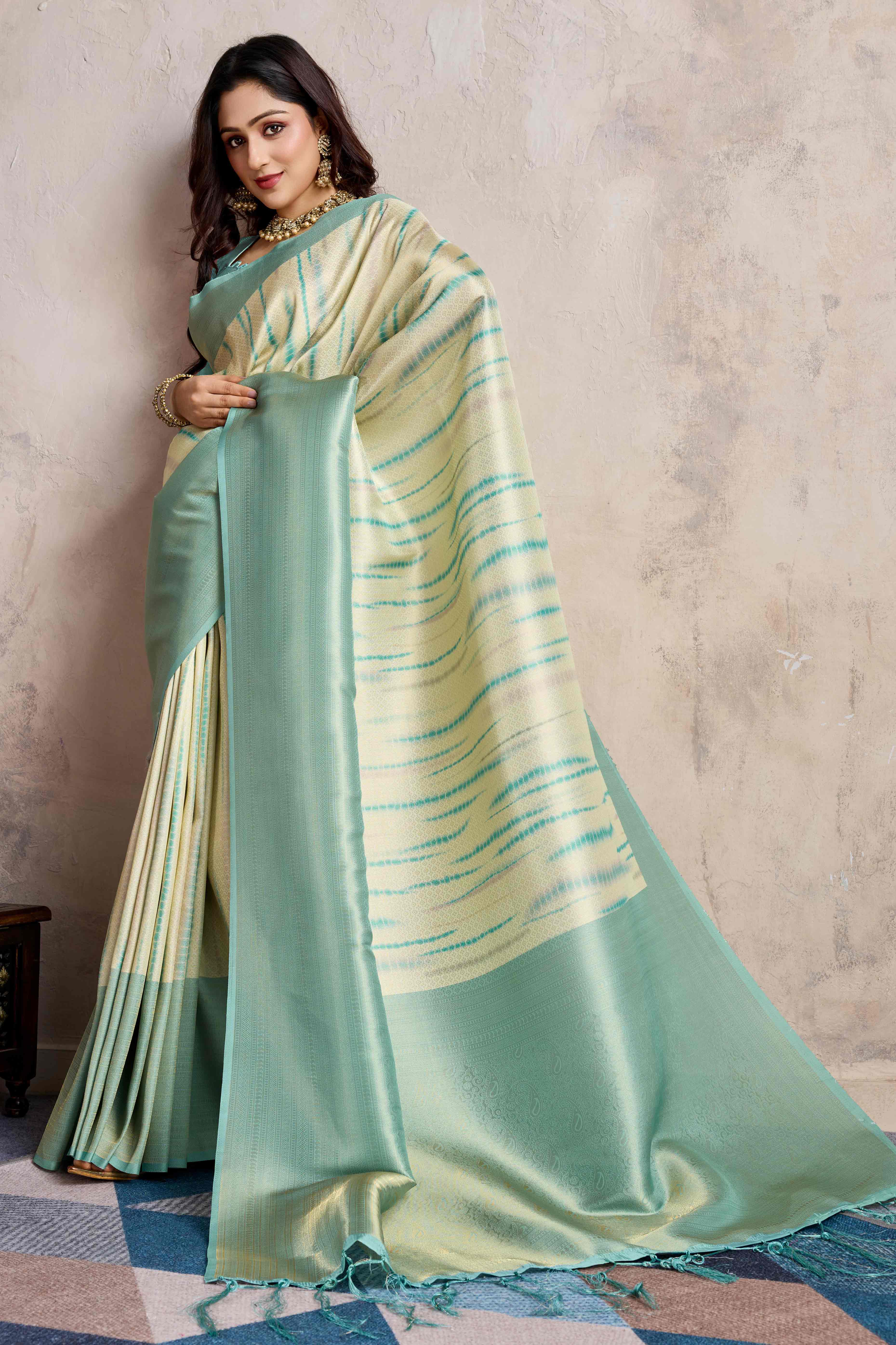Turquoise Woven With Digital Printed Banarasi Silk Saree