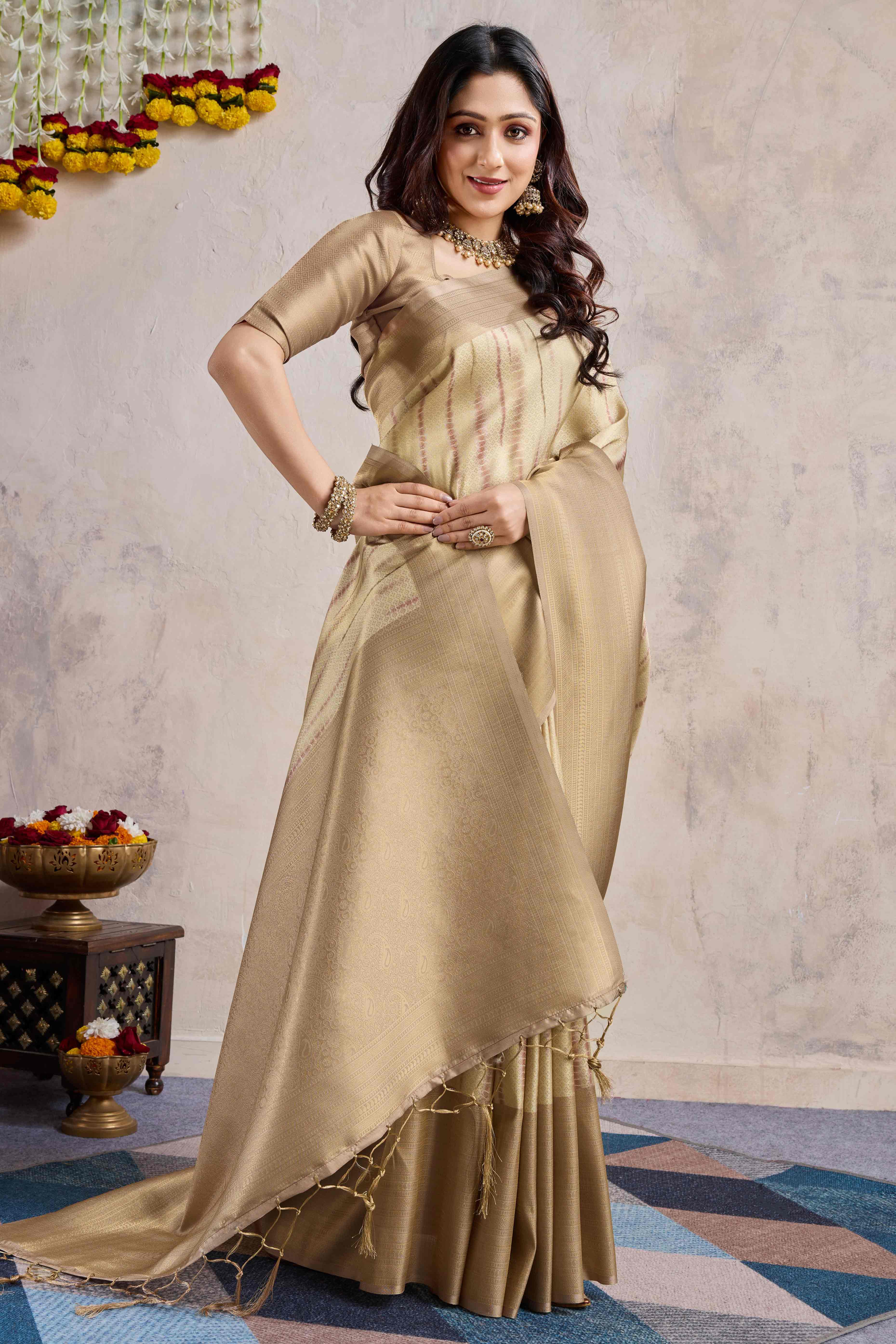 Chikoo Woven With Digital Printed Banarasi Silk Saree