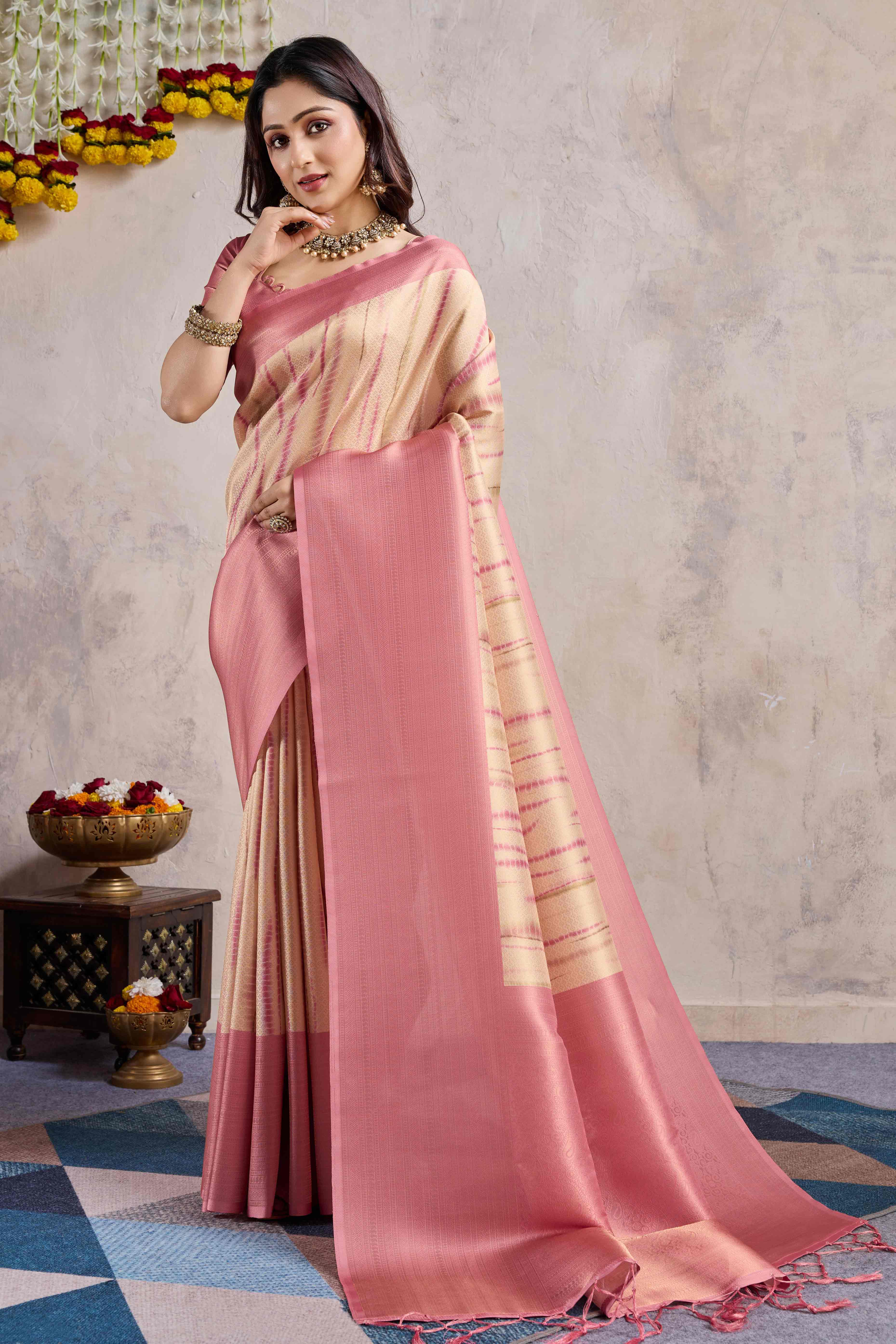 Gajari Pink Woven With Digital Printed Banarasi Silk Saree