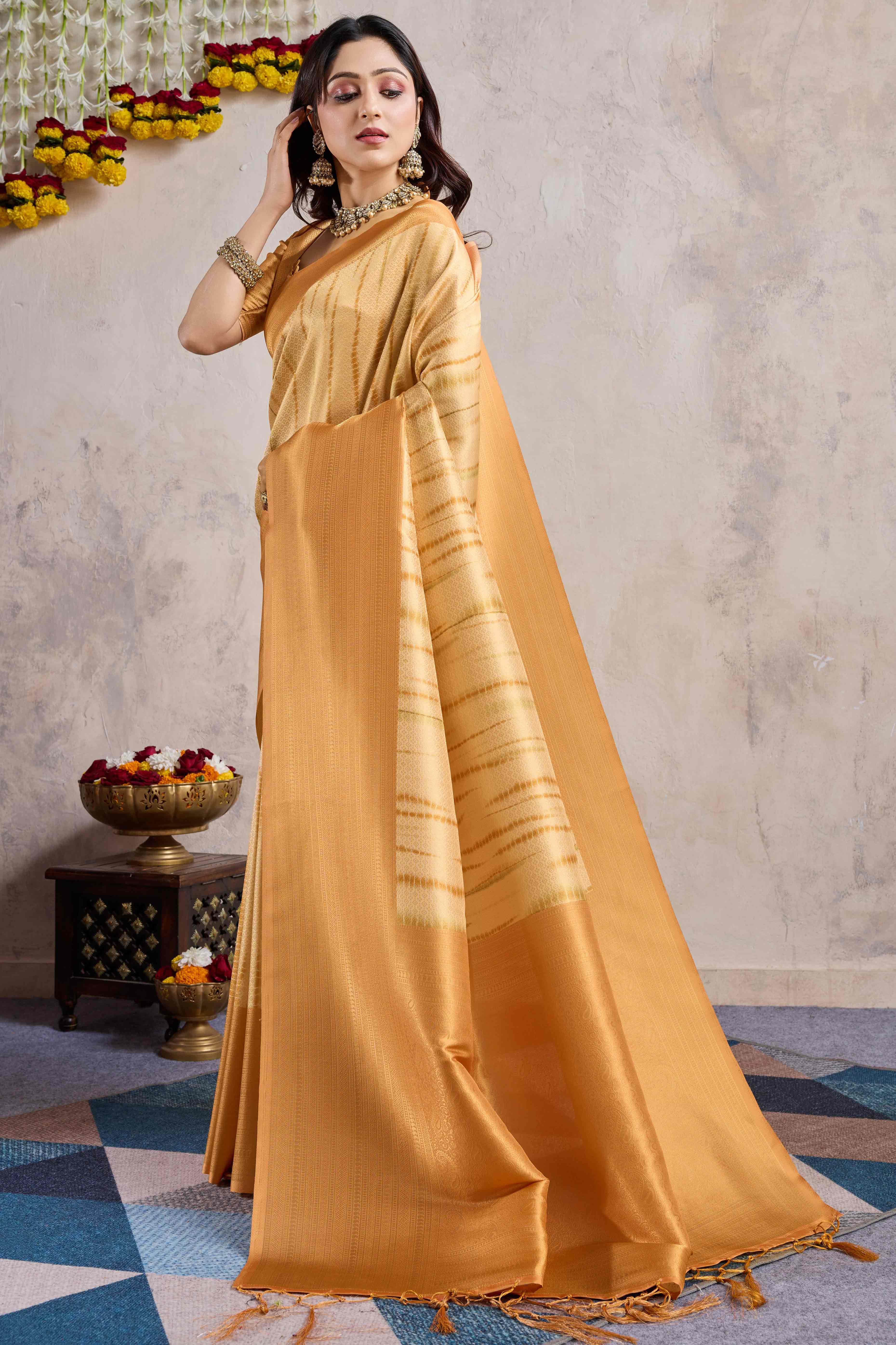 Orange Woven With Digital Printed Banarasi Silk Saree