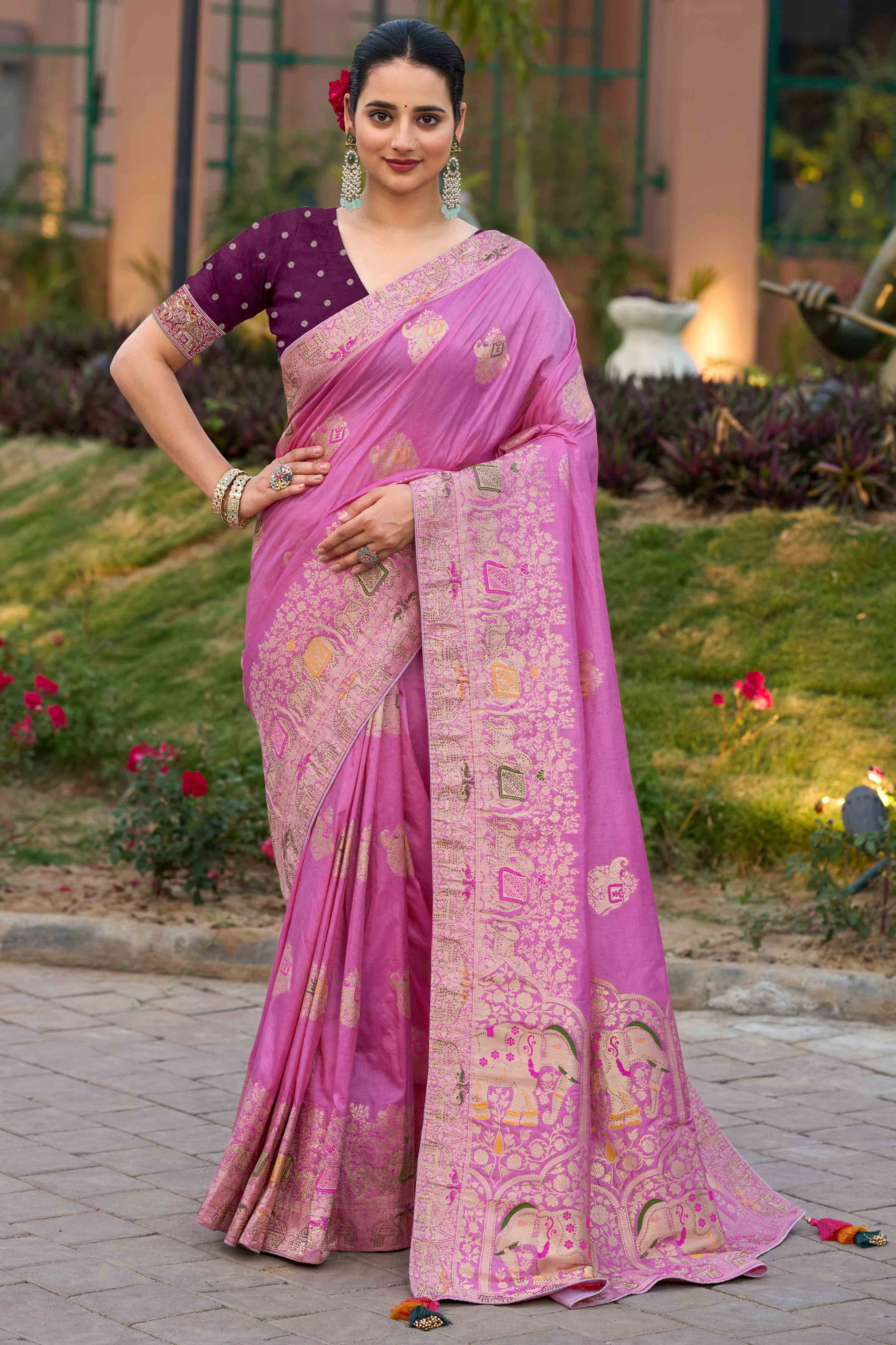 Pink Zari Woven Dola Silk Saree With Intricate Meenakari & Swarovski Embellishments