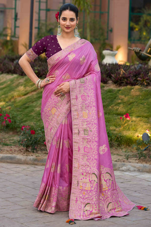Pink Zari Woven Dola Silk Saree With Intricate Meenakari & Swarovski Embellishments