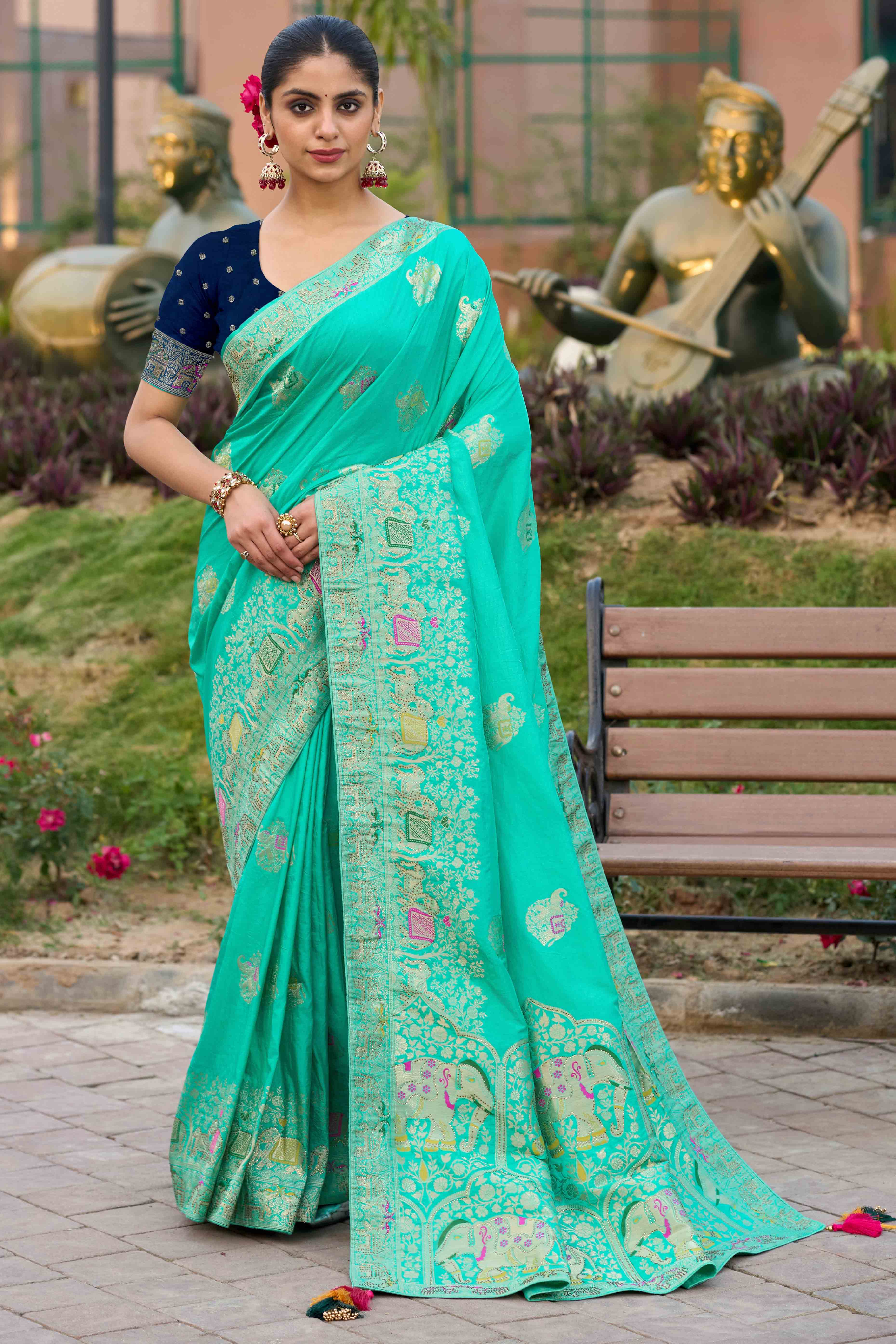 Turquoise Zari Woven Dola Silk Saree With Intricate Meenakari & Swarovski Embellishments