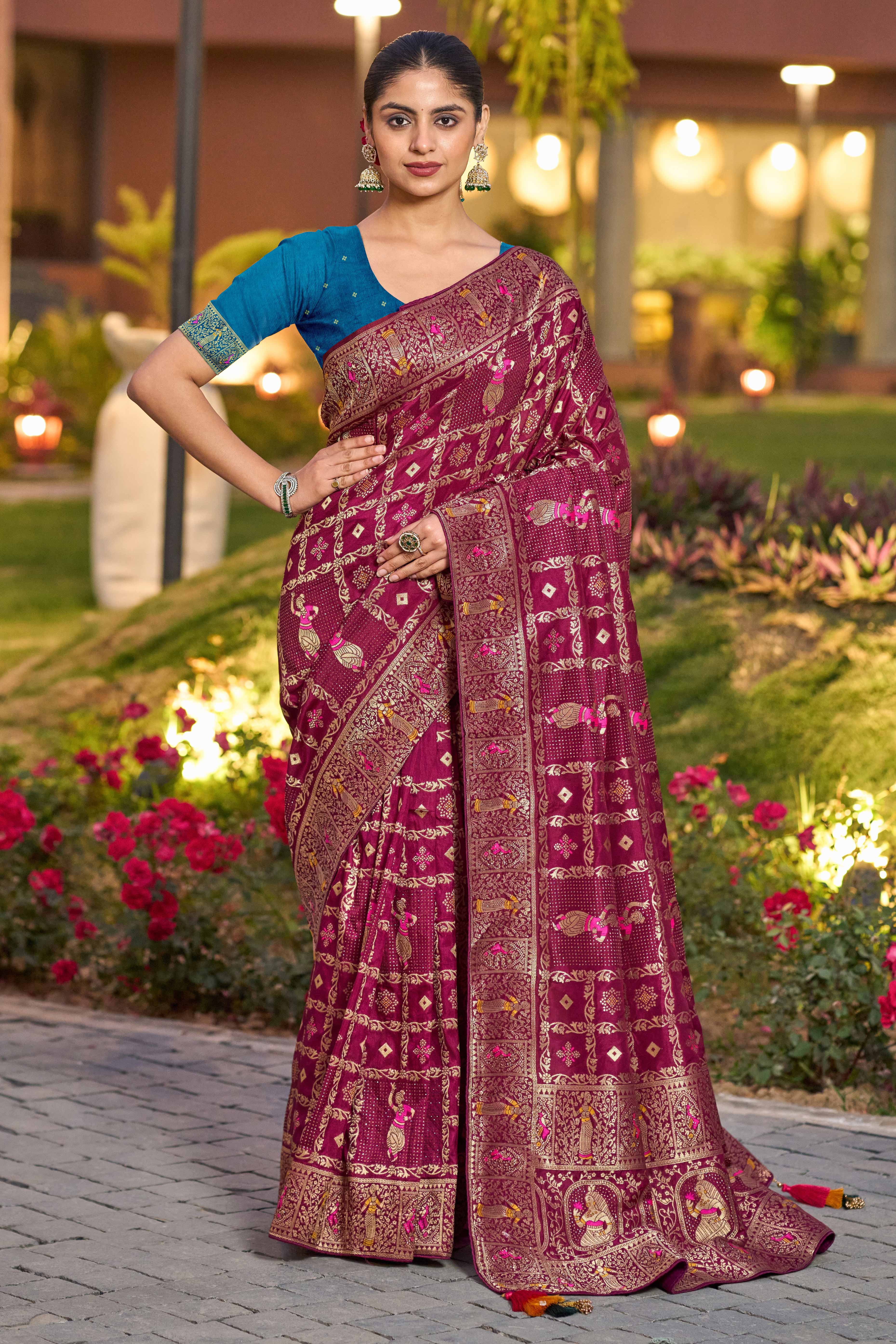 Burgundy Dola Silk Saree Featuring Intricate Gharchola Woven Design