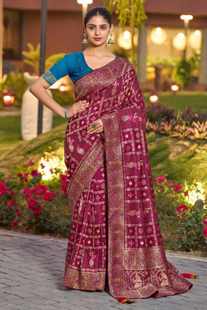 Burgundy Dola Silk Saree Featuring Intricate Gharchola Woven Design