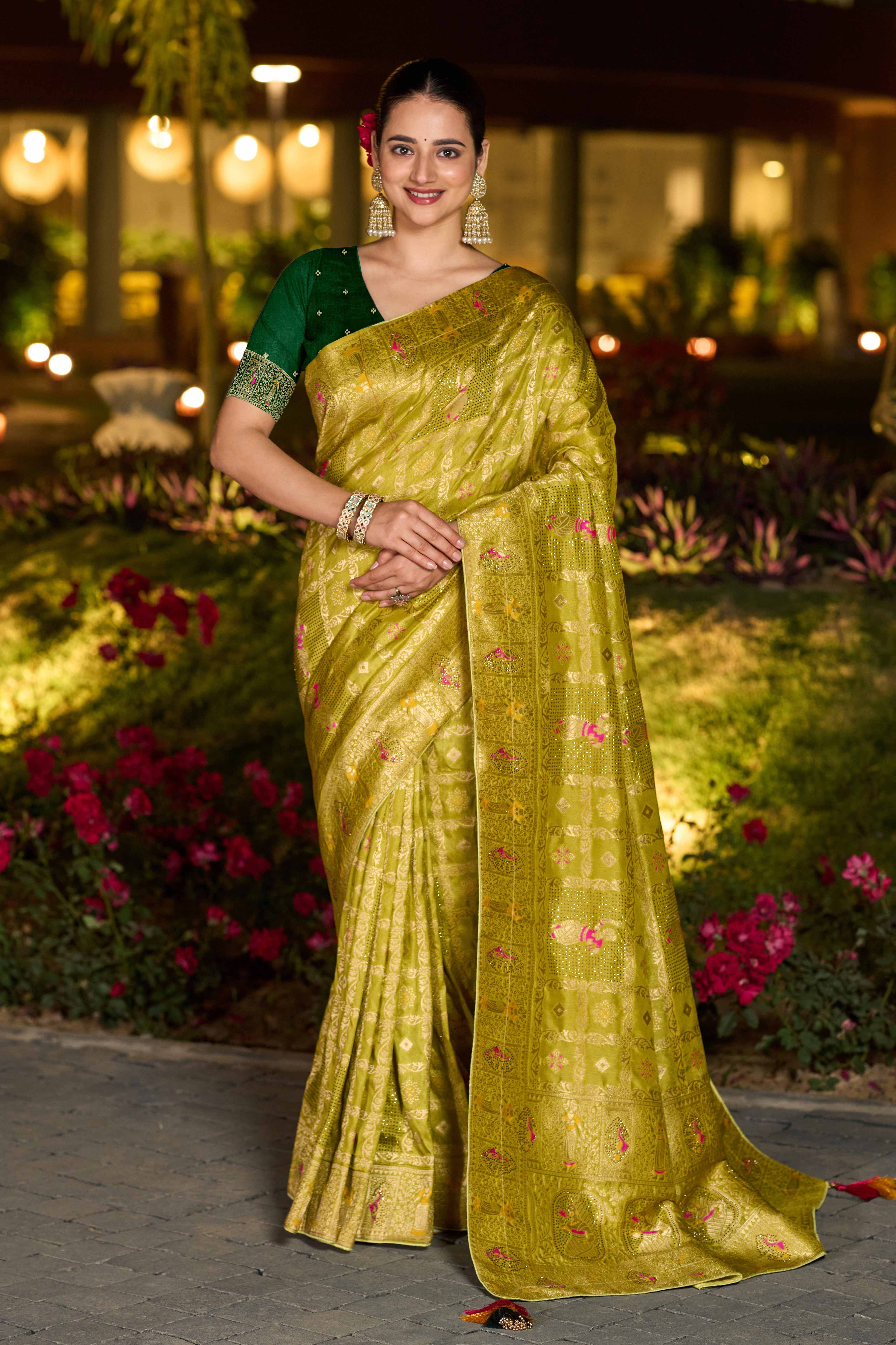 Olive Dola Silk Saree Featuring Intricate Gharchola Woven Design