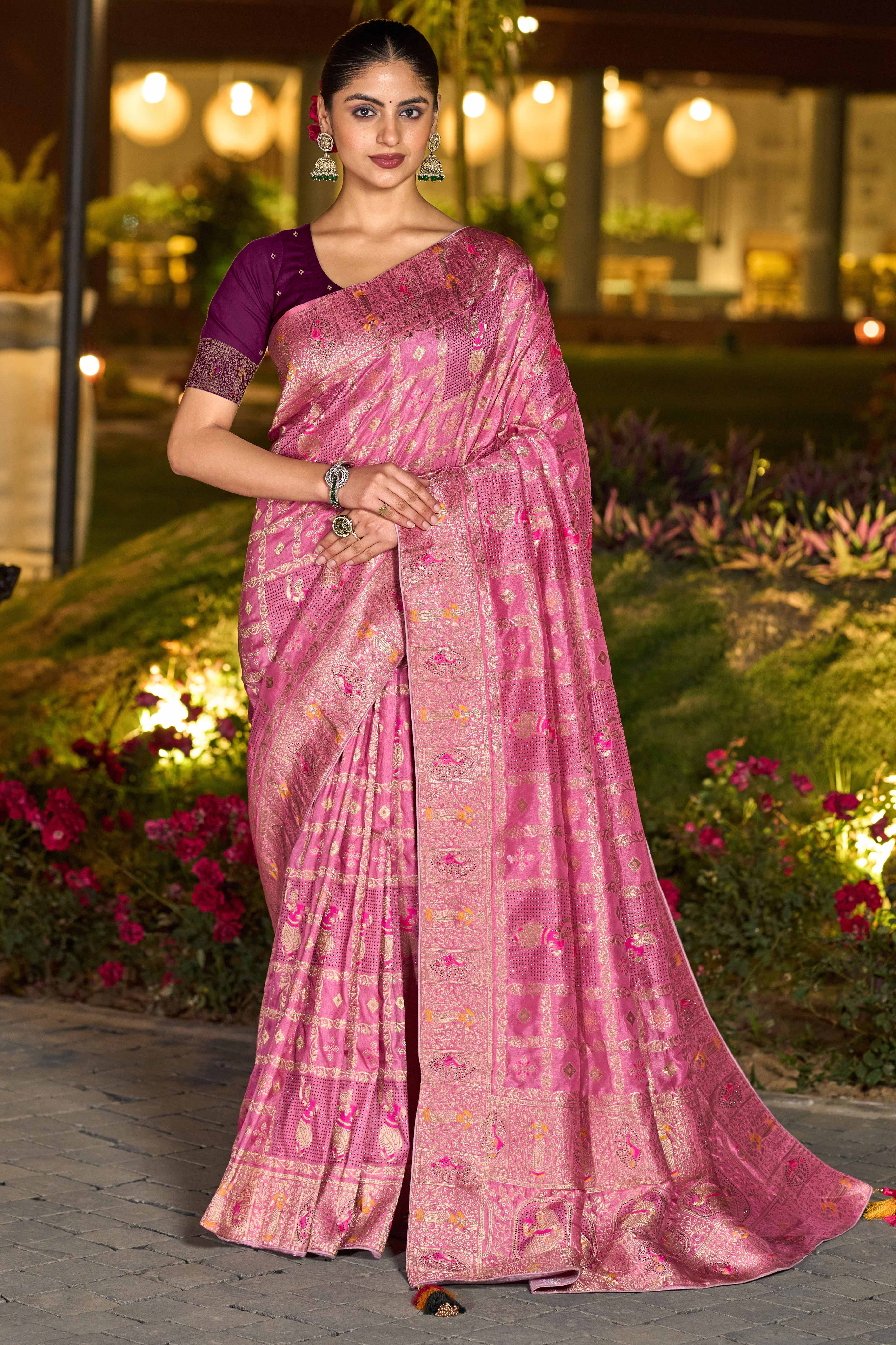 Dusty Pink Dola Silk Saree Featuring Intricate Gharchola Woven Design