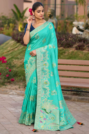 Radiant Turquoise Dola Silk Saree With Intricate Zari Weaving & Swarovski Accents