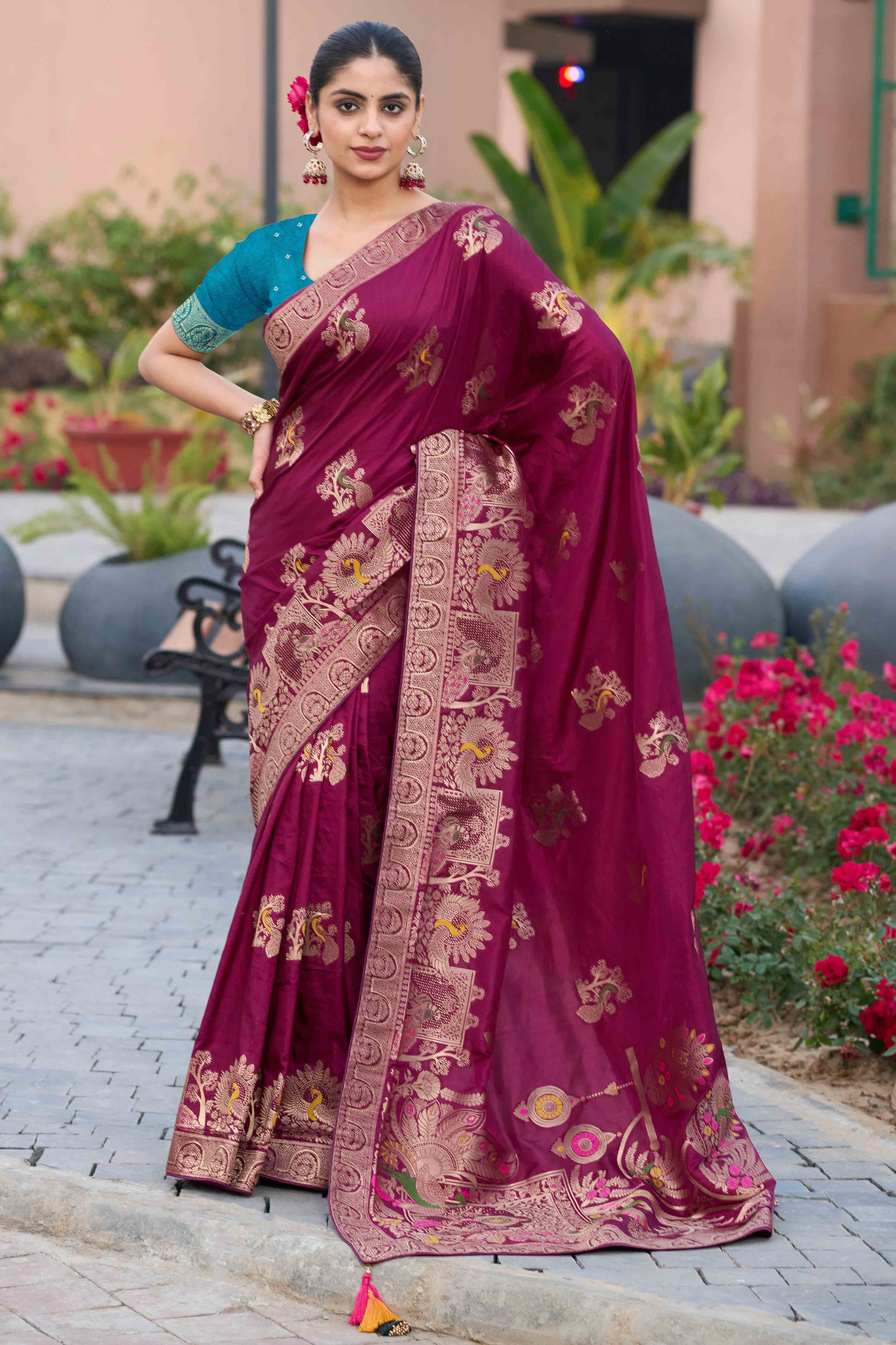 Royal Dark Magenta Dola Silk Saree With Intricate Zari Weaving & Swarovski Embellishments