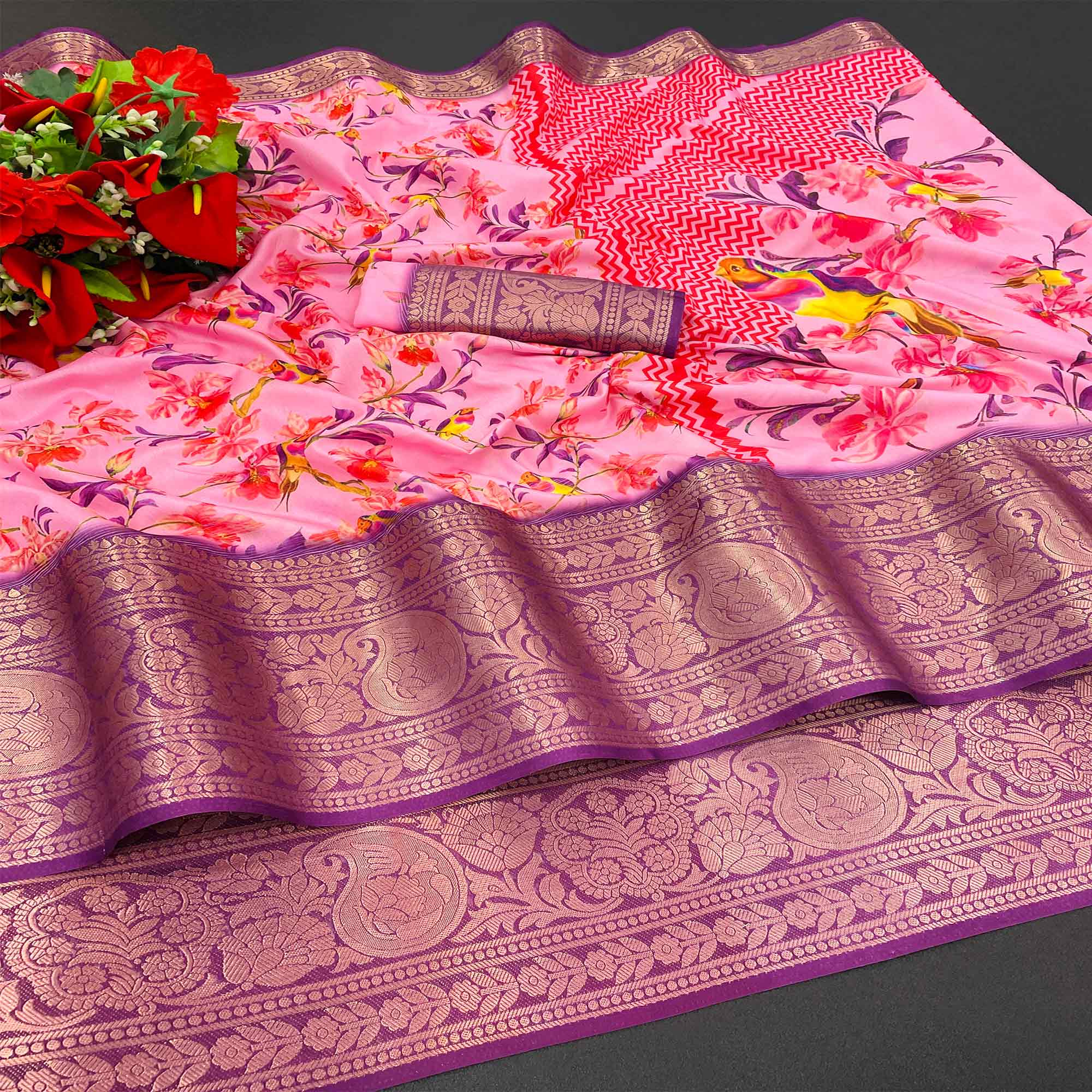 Pink Floral Digital Printed With Woven Border Dola Silk Saree