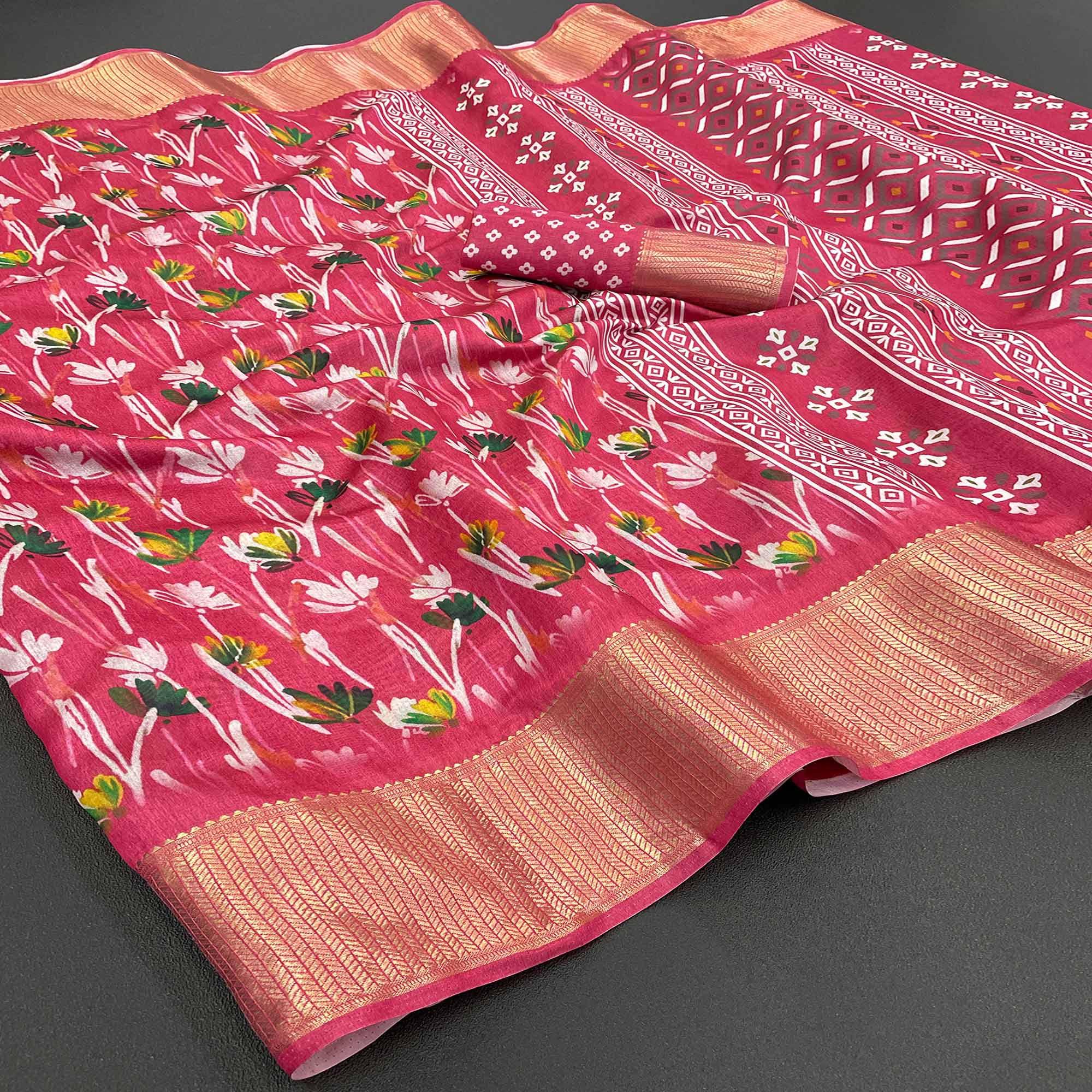 Red Floral Digital Printed With Woven Border Dola Silk Saree