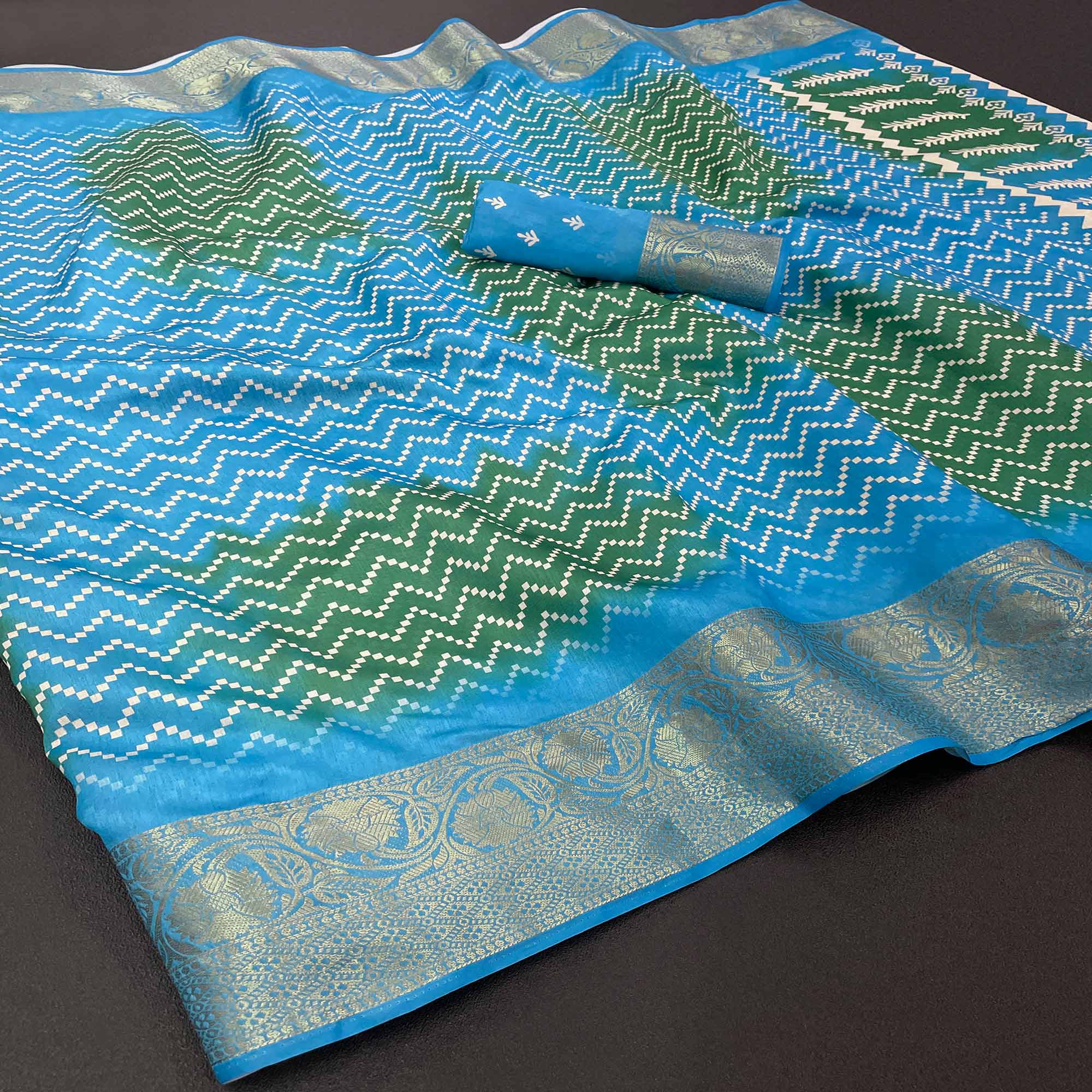 Blue Digital Printed With Woven Border Dola Silk Saree