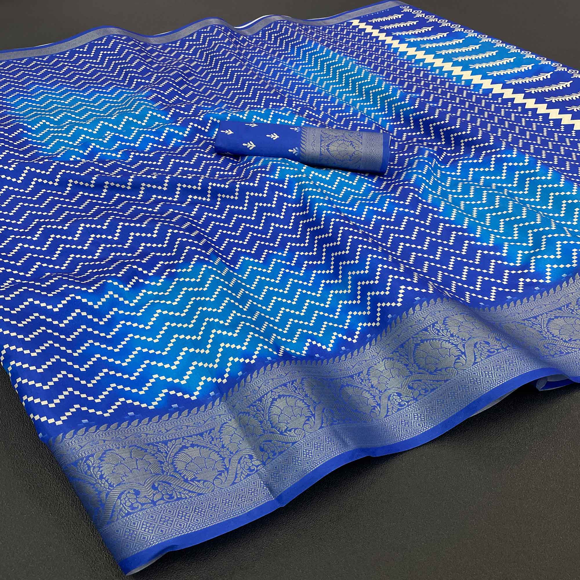 Royal Blue Digital Printed With Woven Border Dola Silk Saree