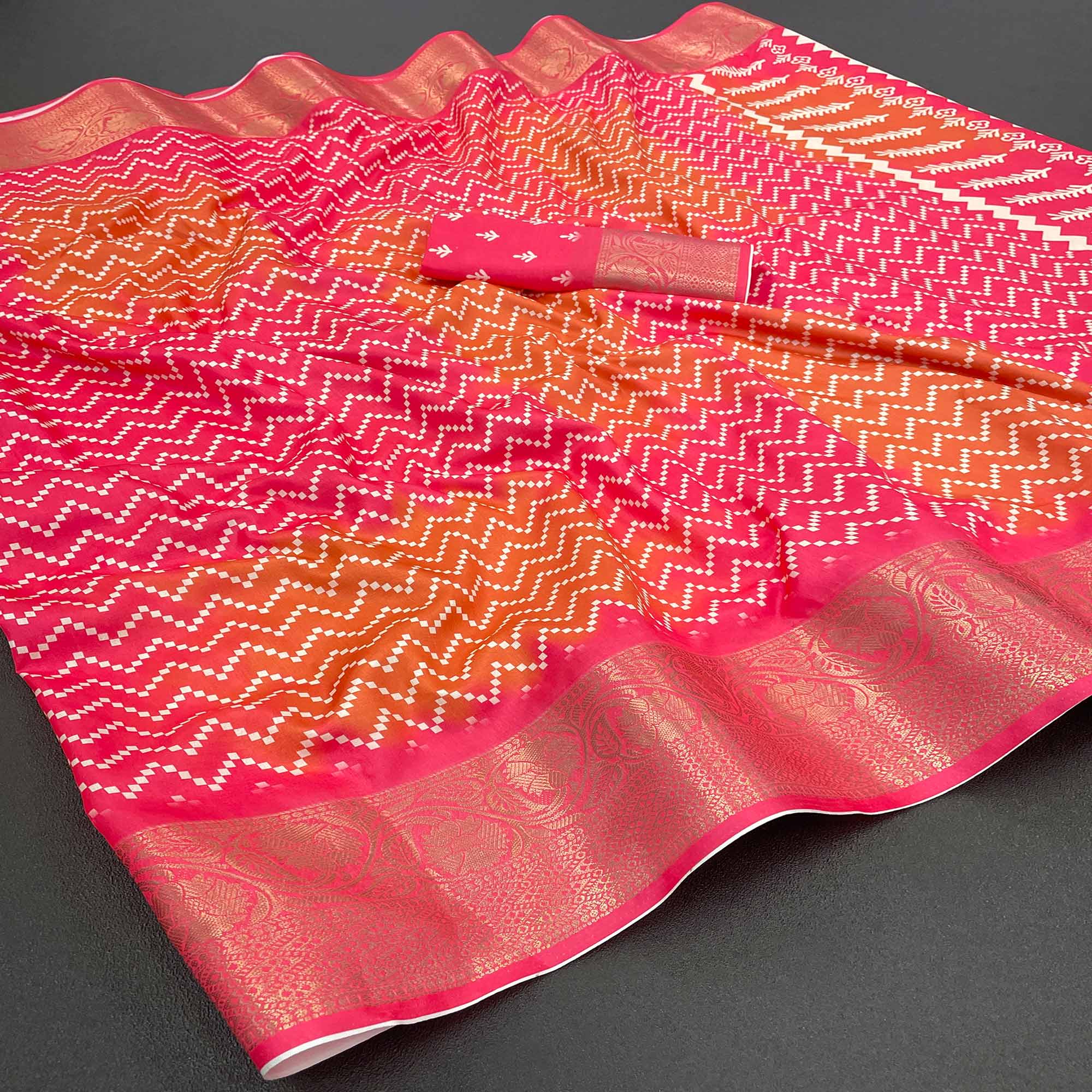 Gajari Pink Digital Printed With Woven Border Dola Silk Saree