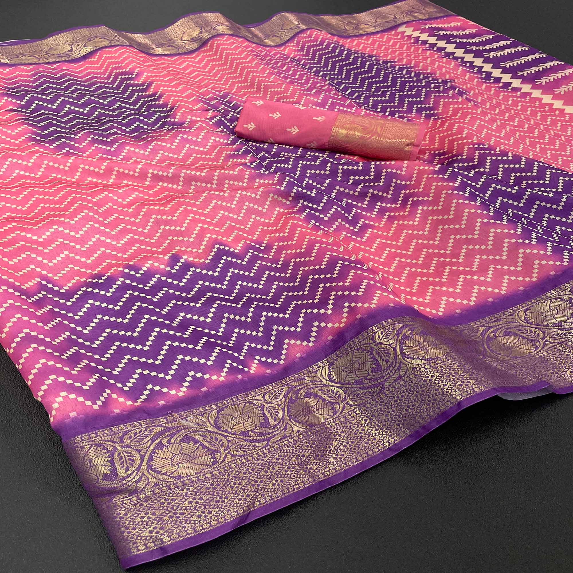 Baby Pink Digital Printed With Woven Border Dola Silk Saree
