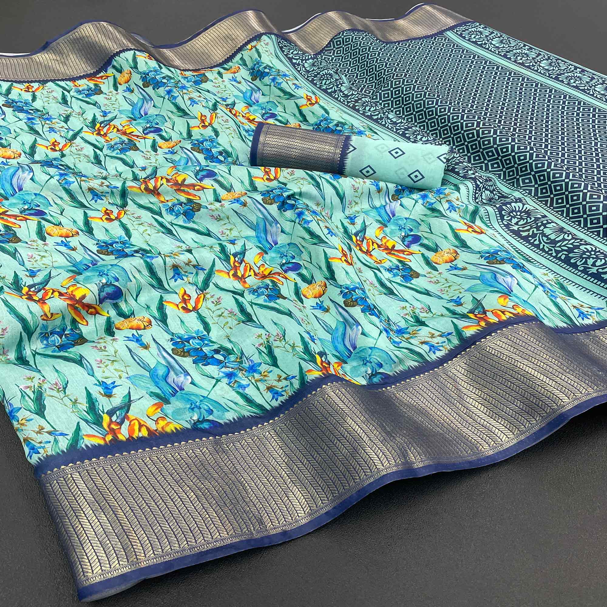 Blue Floral Digital Printed With Woven Border Dola Silk Saree