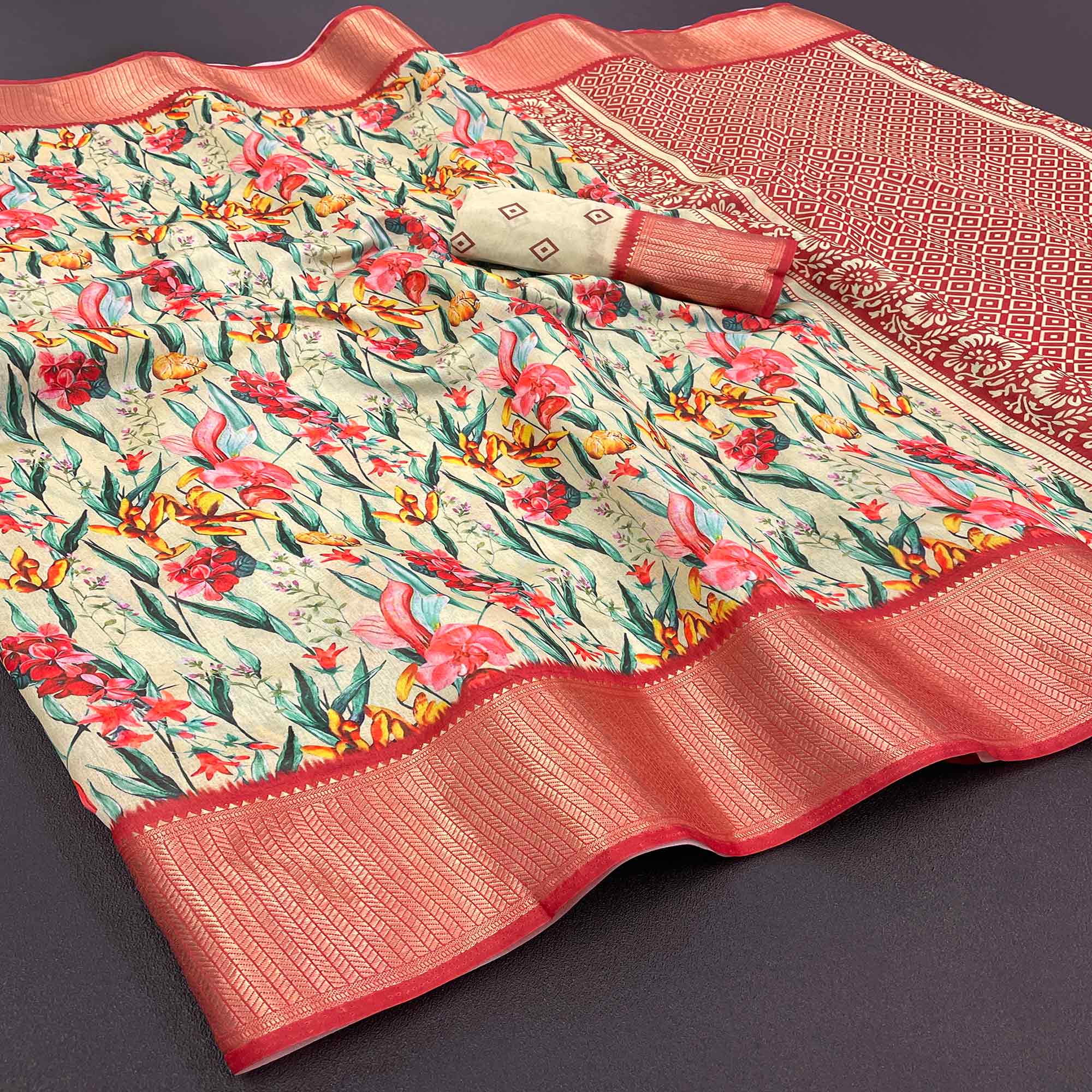 Cream Floral Digital Printed With Woven Border Dola Silk Saree