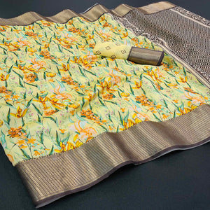 Yellow Floral Digital Printed With Woven Border Dola Silk Saree