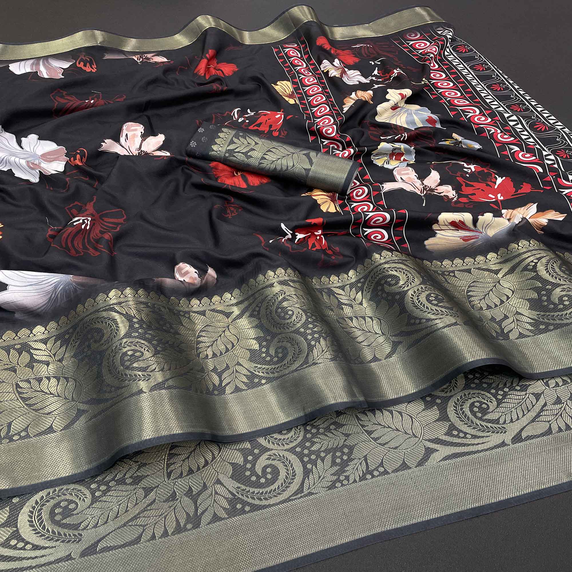 Black Floral Digital Printed With Woven Border Dola Silk Saree