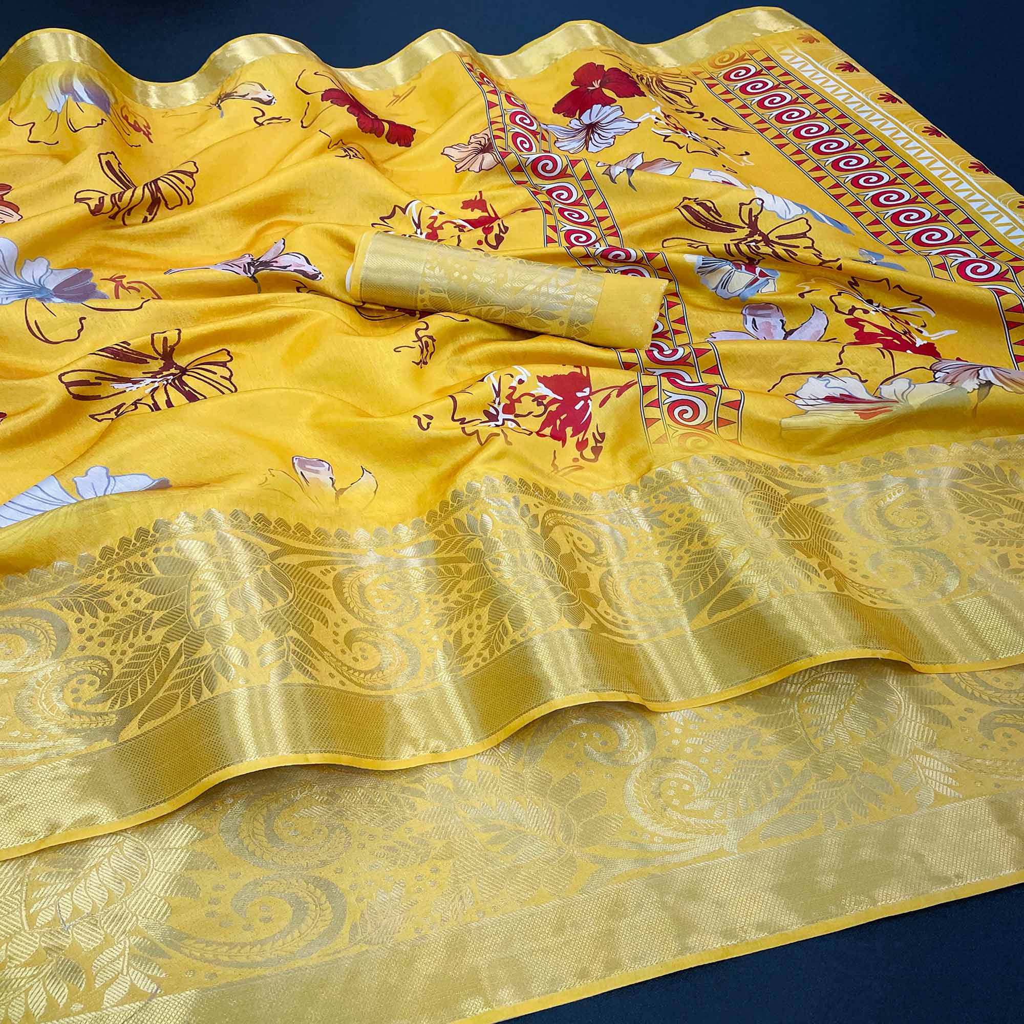 Yellow Floral Digital Printed With Woven Border Dola Silk Saree