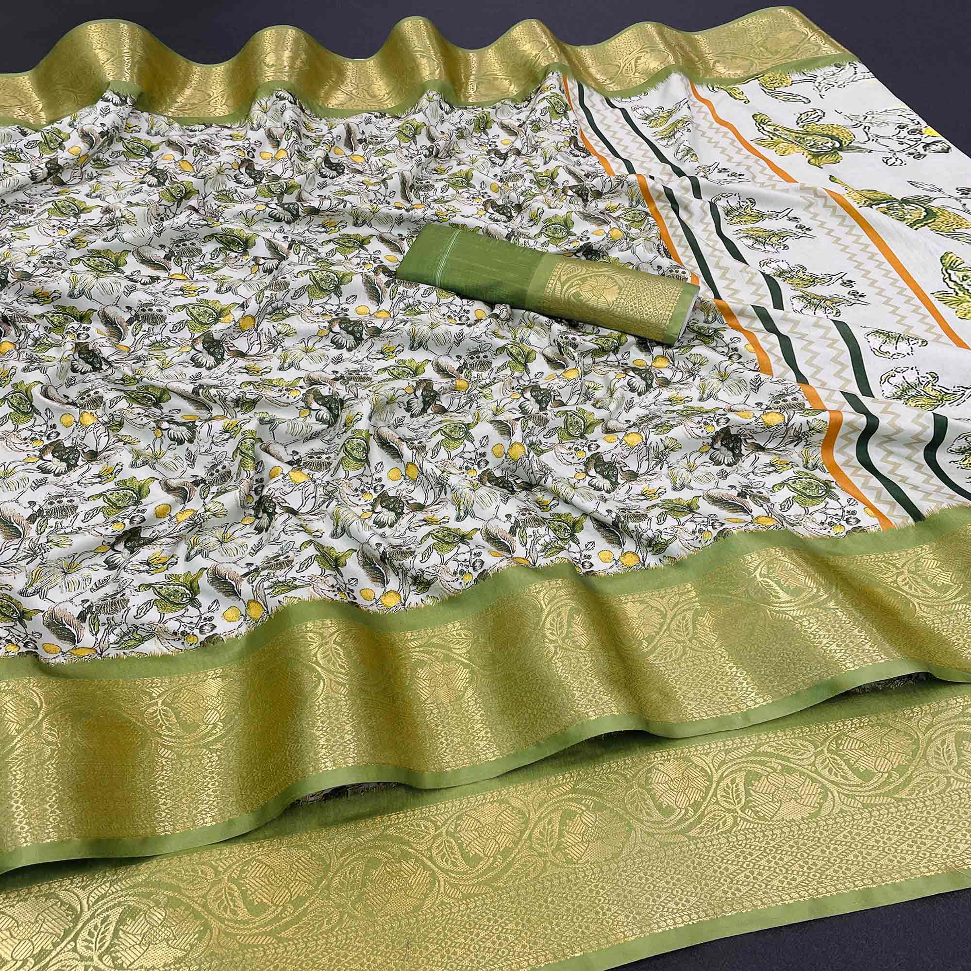 Off White & Green Floral Digital Printed With Woven Border Dola Silk Saree