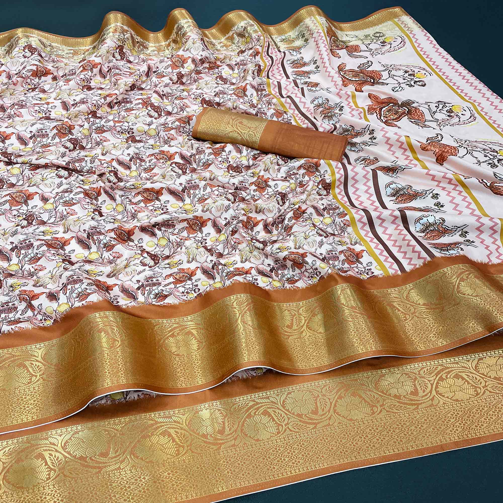 Off White & Rust Floral Digital Printed With Woven Border Dola Silk Saree