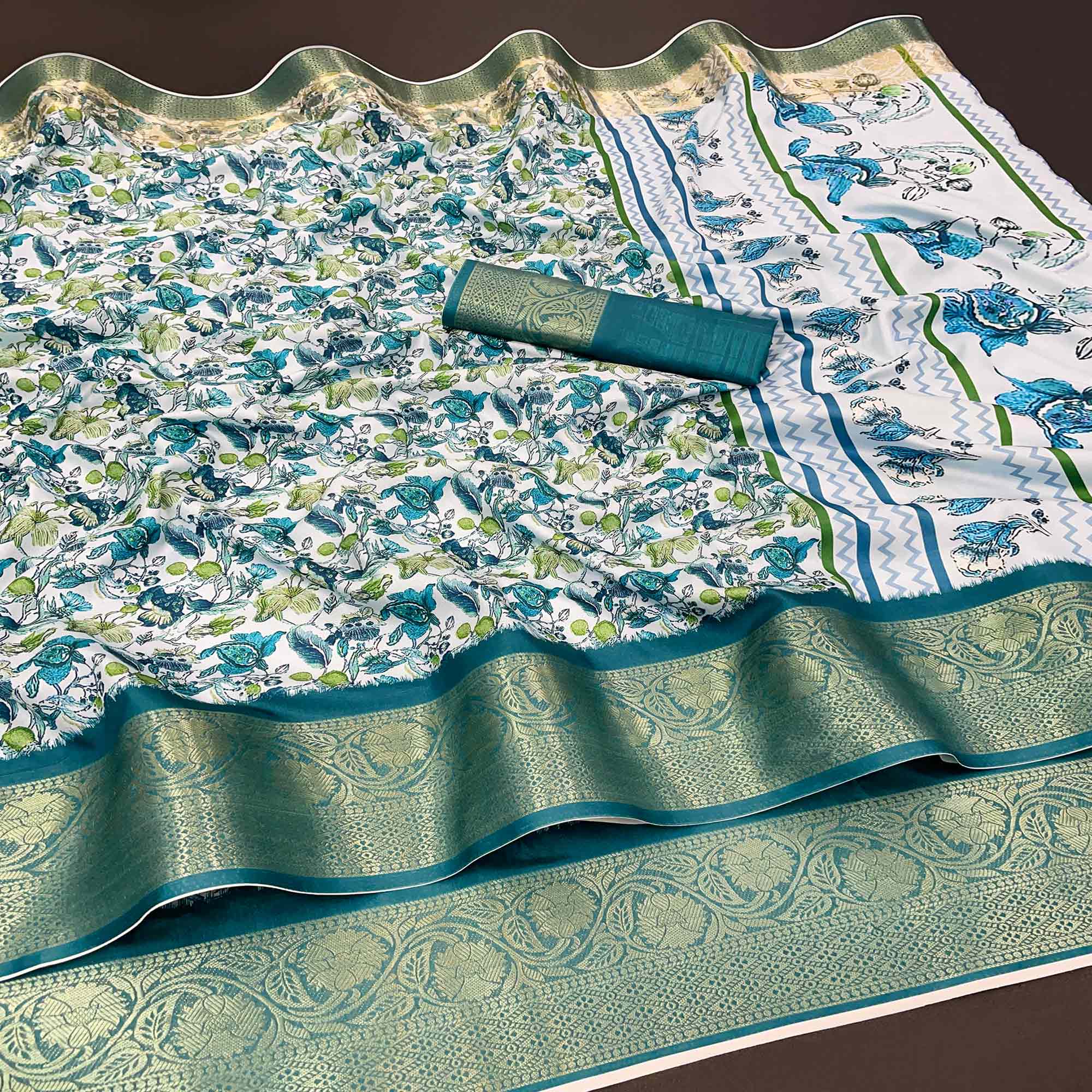 Off White & Rama Blue Floral Digital Printed With Woven Border Dola Silk Saree