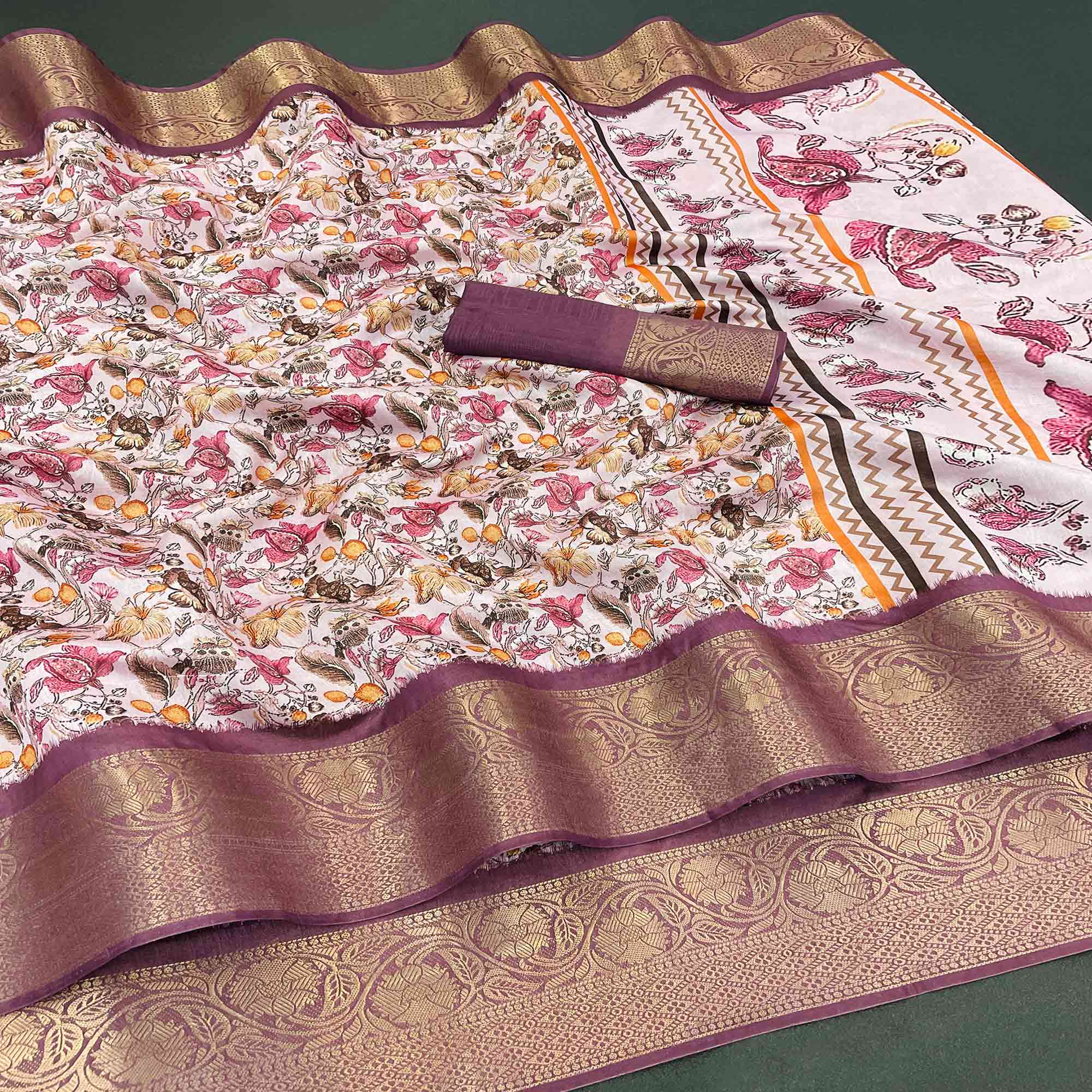 Off White & Burgundy Floral Digital Printed With Woven Border Dola Silk Saree