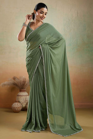 Green Solid Matt Georgette Saree With Ceramic Embellished Lace Border