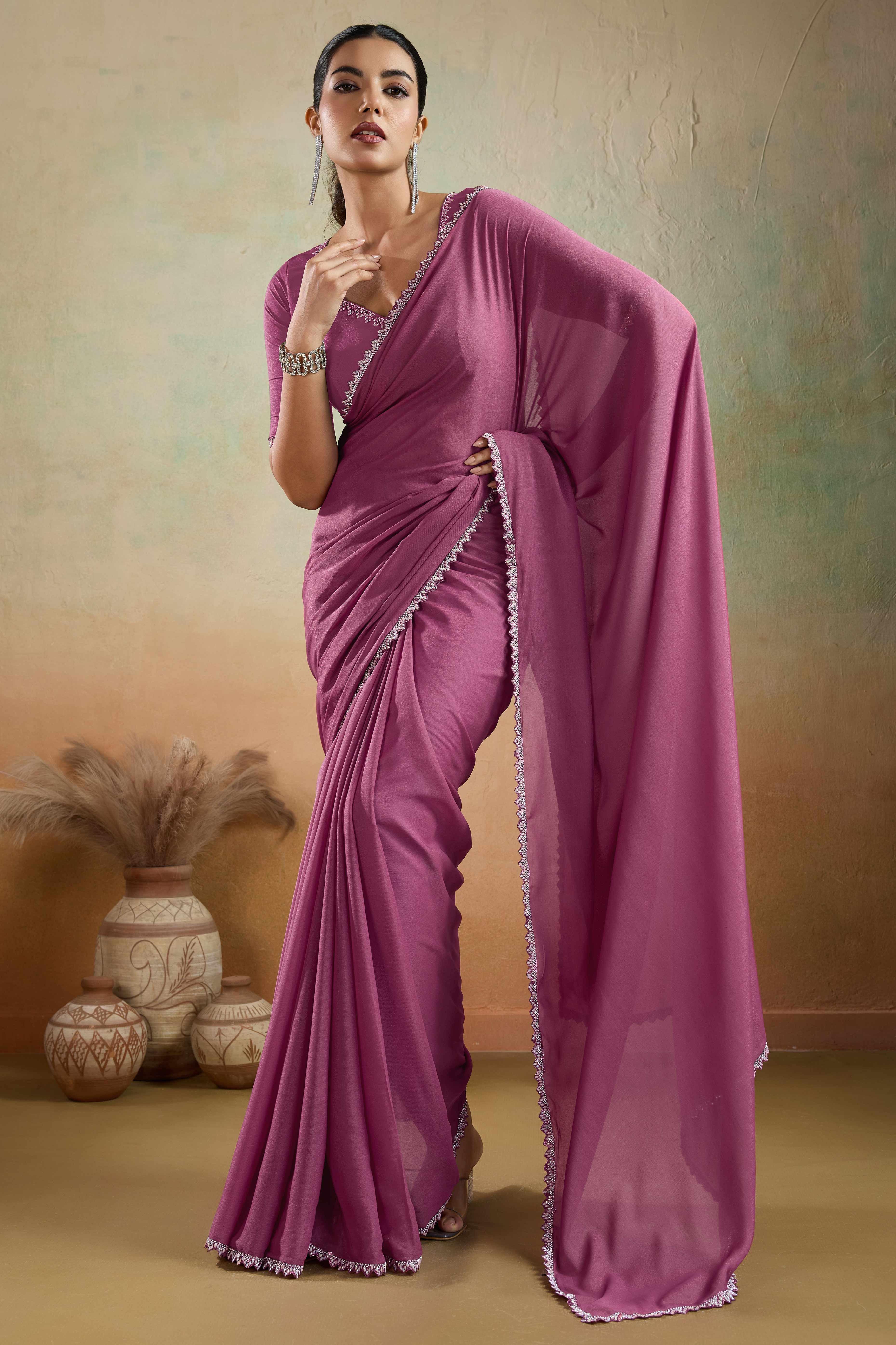 Deep Rose Pink Solid Matt Georgette Saree With Ceramic Embellished Lace Border