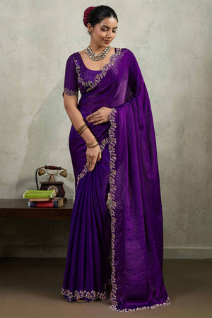 Purple Velvet Chiffon Saree Accented with Sparkling Zarkan Detailing