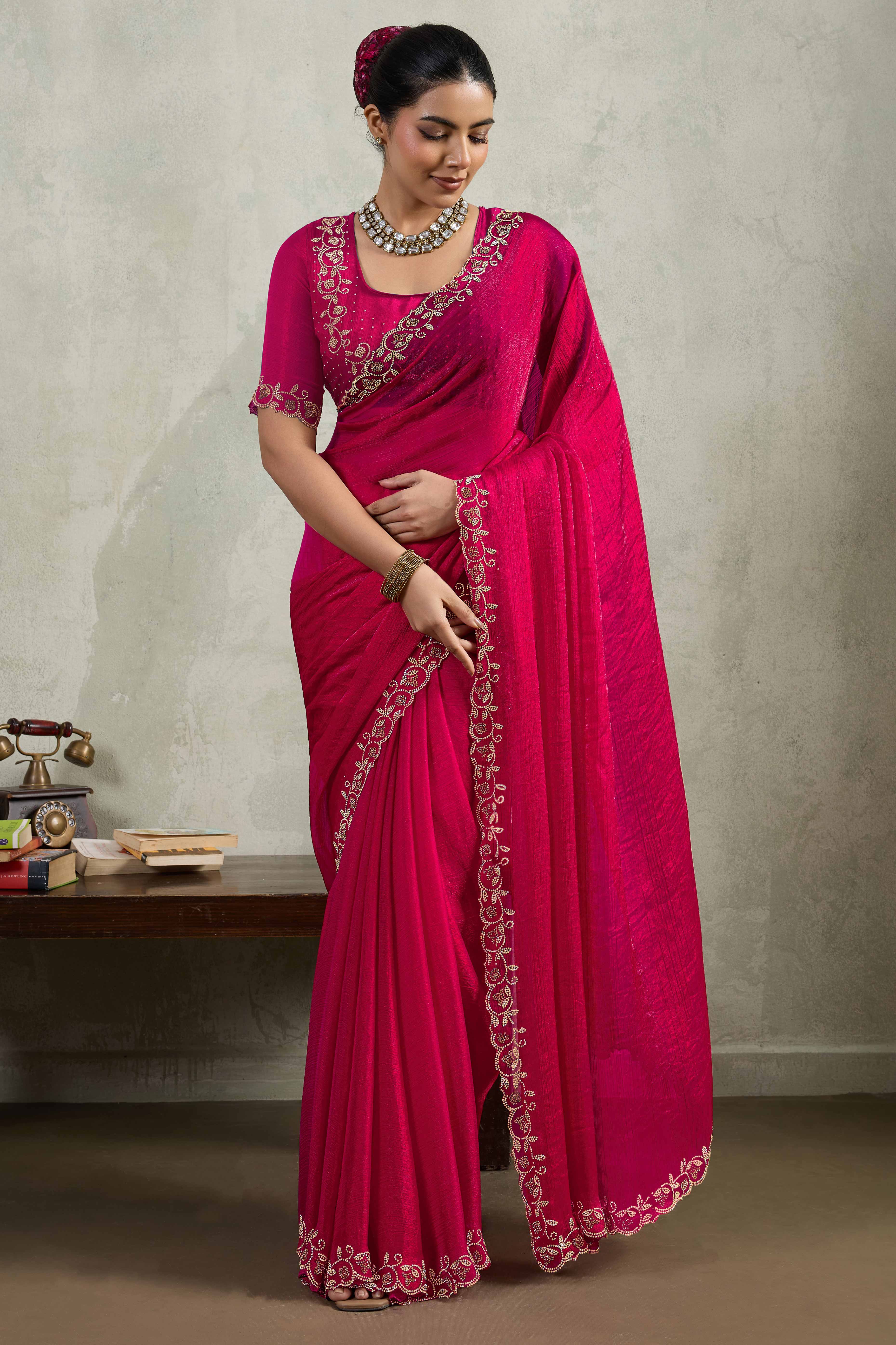 Pink Velvet Chiffon Saree Accented with Sparkling Zarkan Detailing