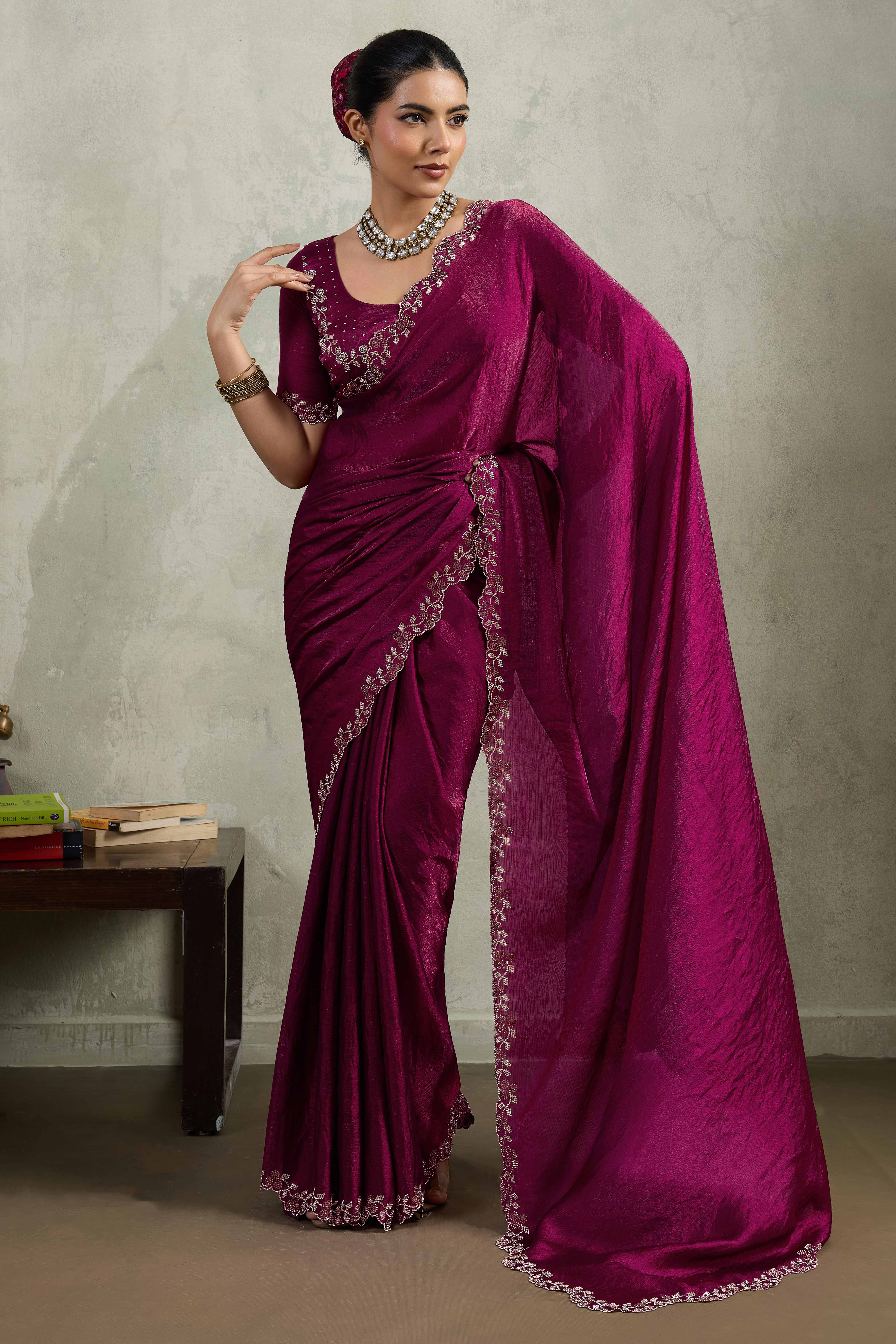 Wine Velvet Chiffon Saree Accented with Sparkling Zarkan Detailing