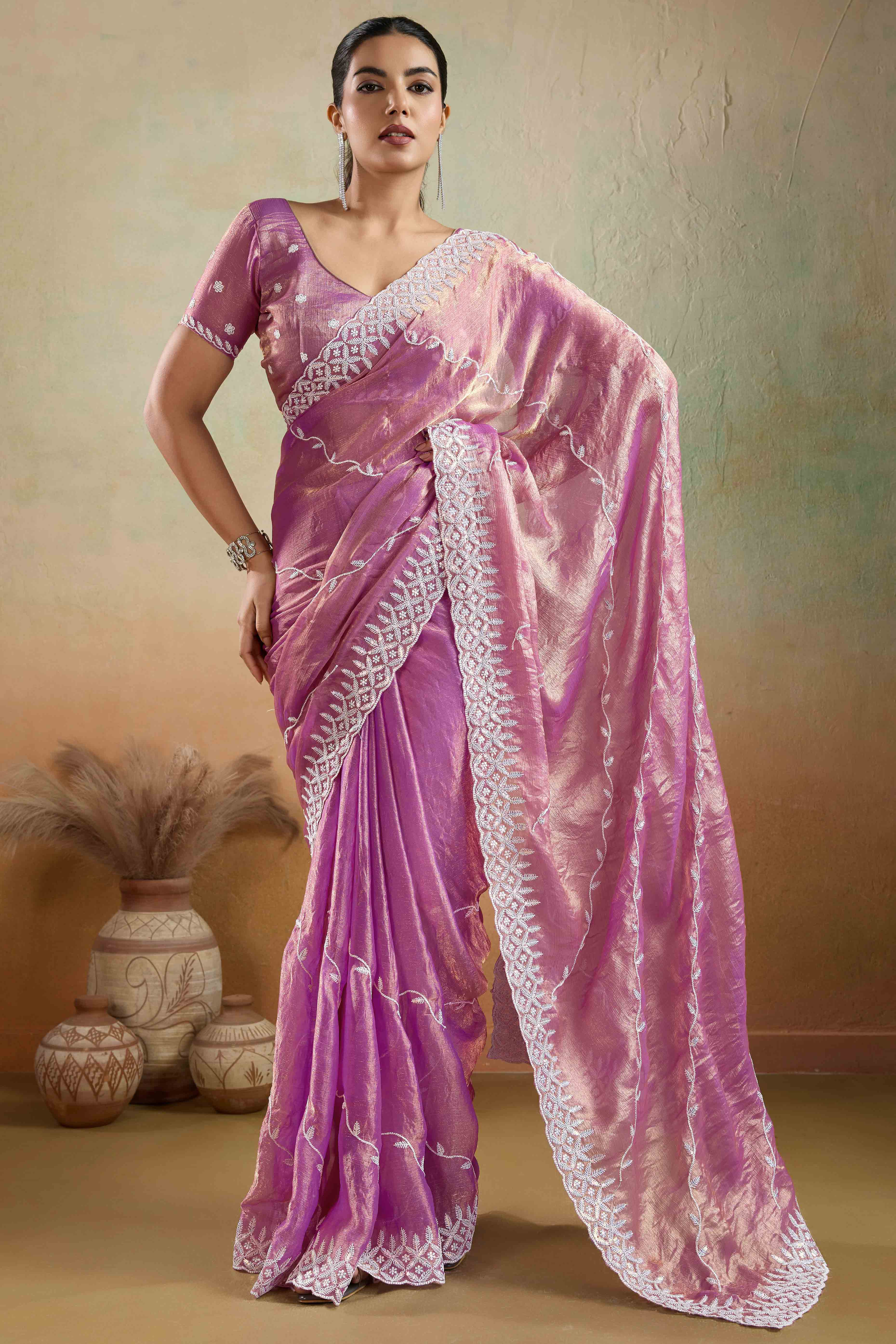 Pink Chiffon Saree with Rich Velvet Accents & Thread Detailing