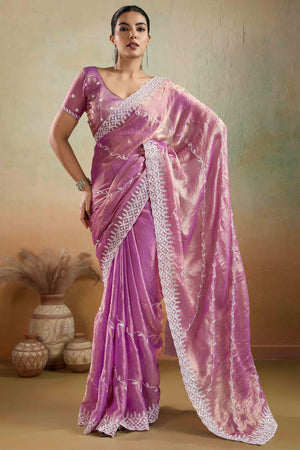 Pink Chiffon Saree with Rich Velvet Accents & Thread Detailing