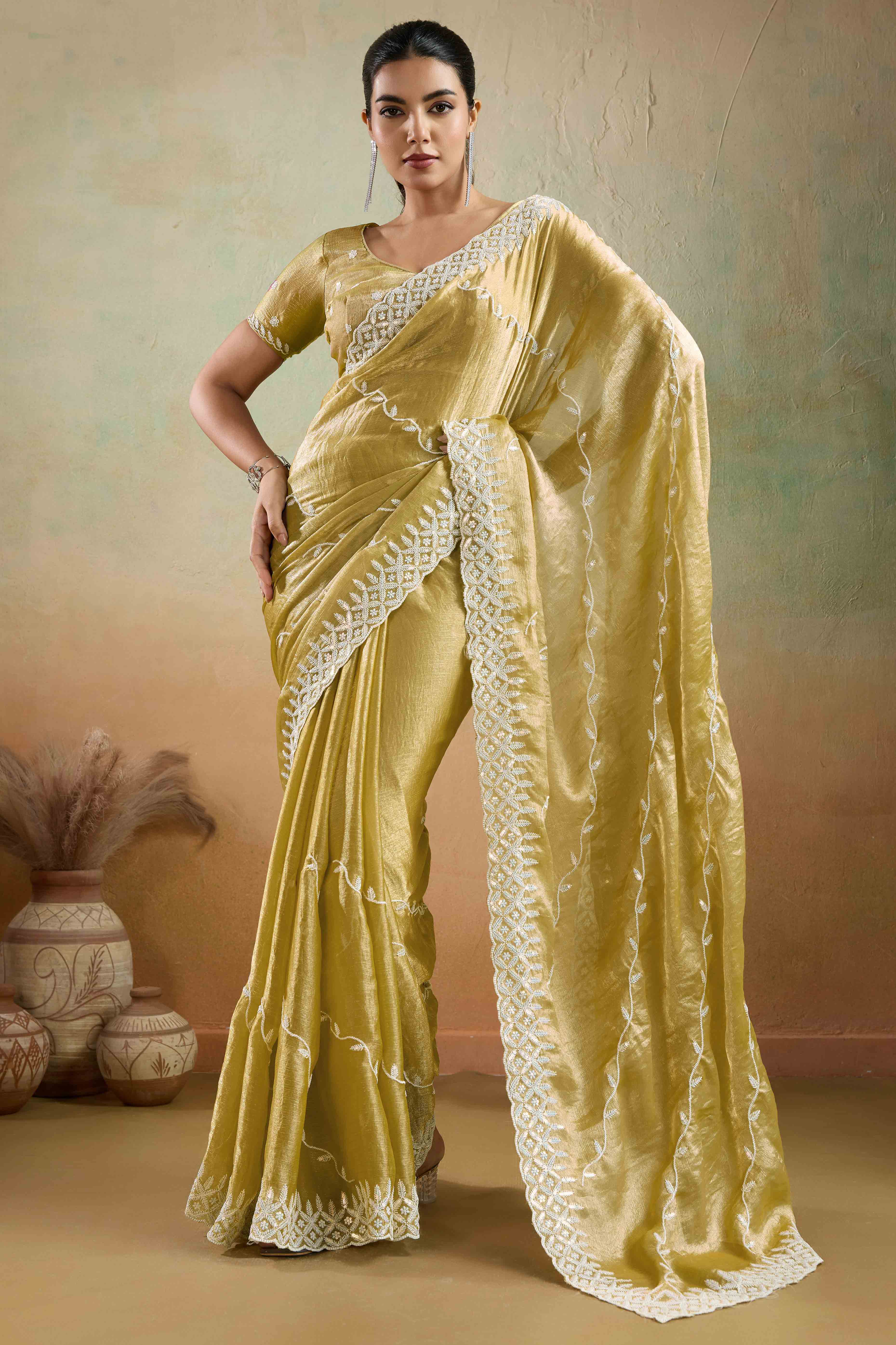 Olive Chiffon Saree with Rich Velvet Accents & Thread Detailing