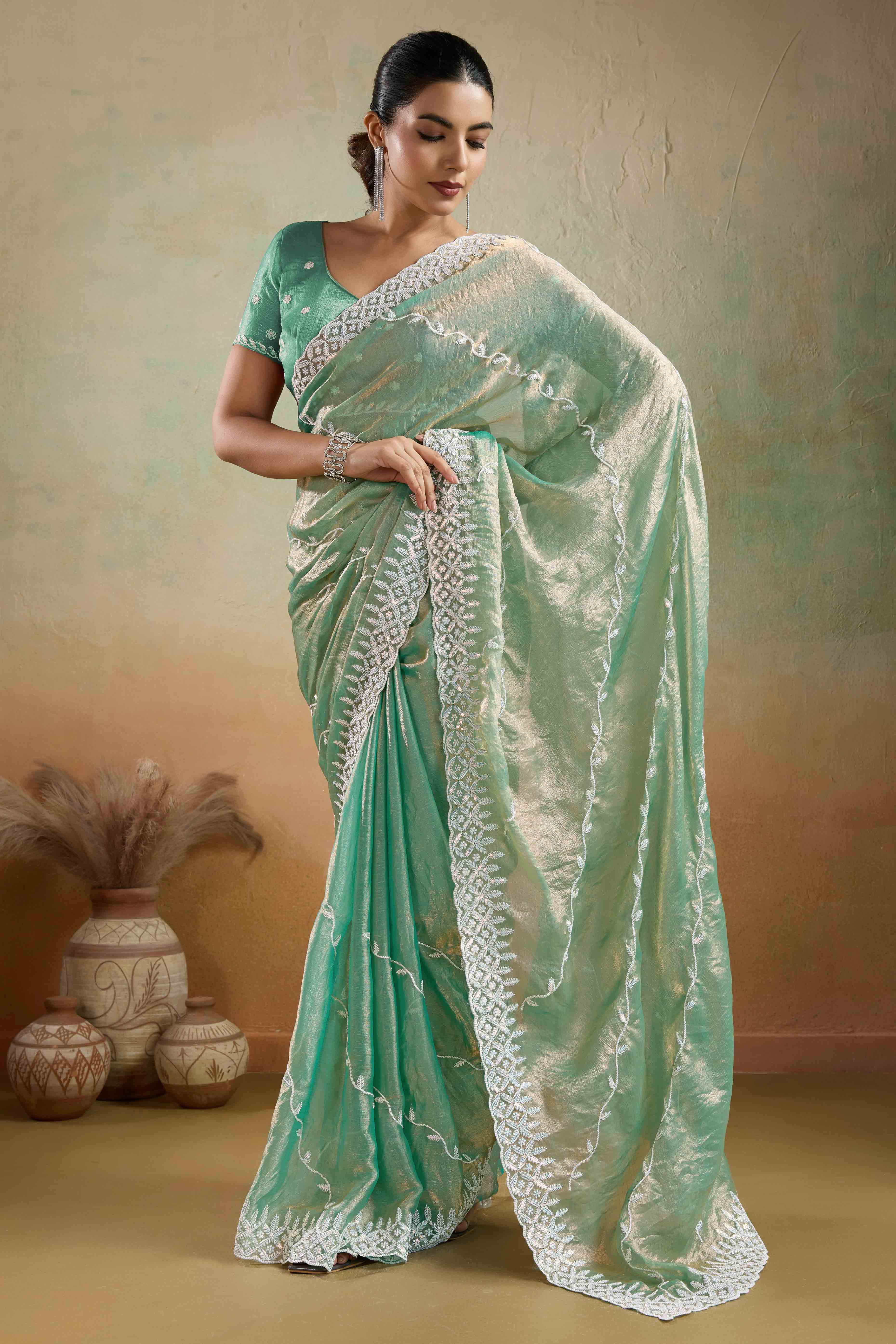 Sea Green Chiffon Saree with Rich Velvet Accents & Thread Detailing