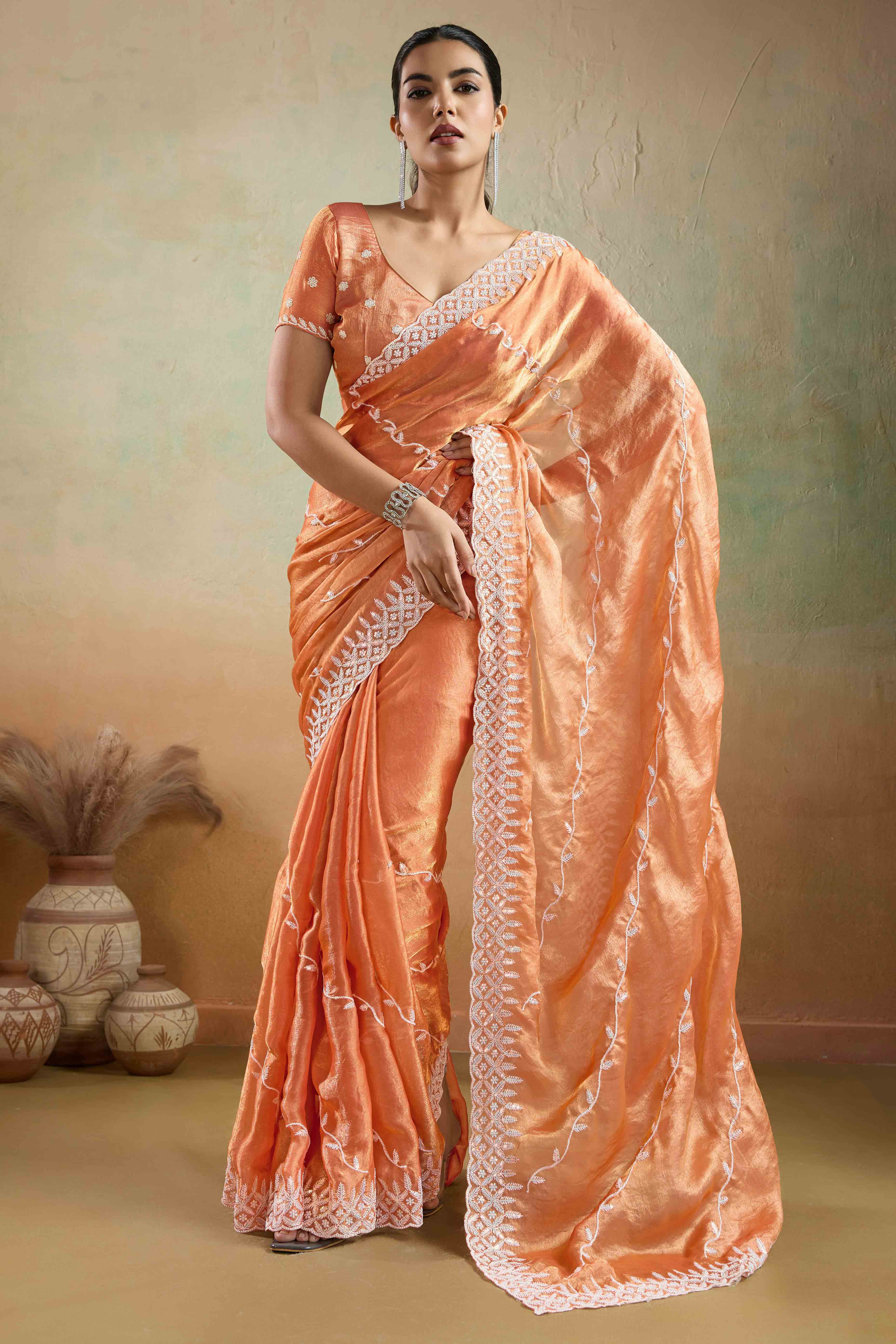 Light Orange Chiffon Saree with Rich Velvet Accents & Thread Detailing