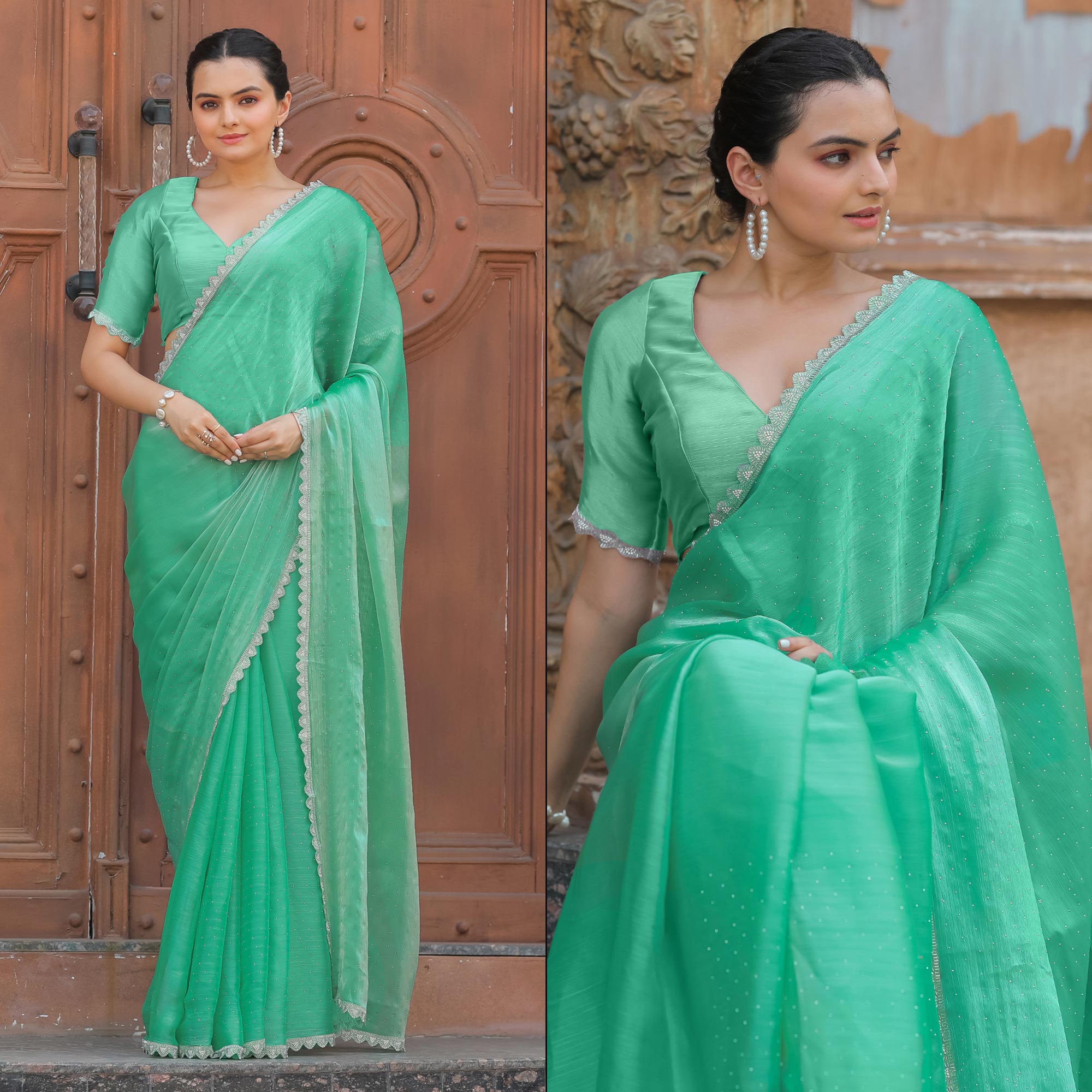 Sea Green Stonework Tussar Silk Saree