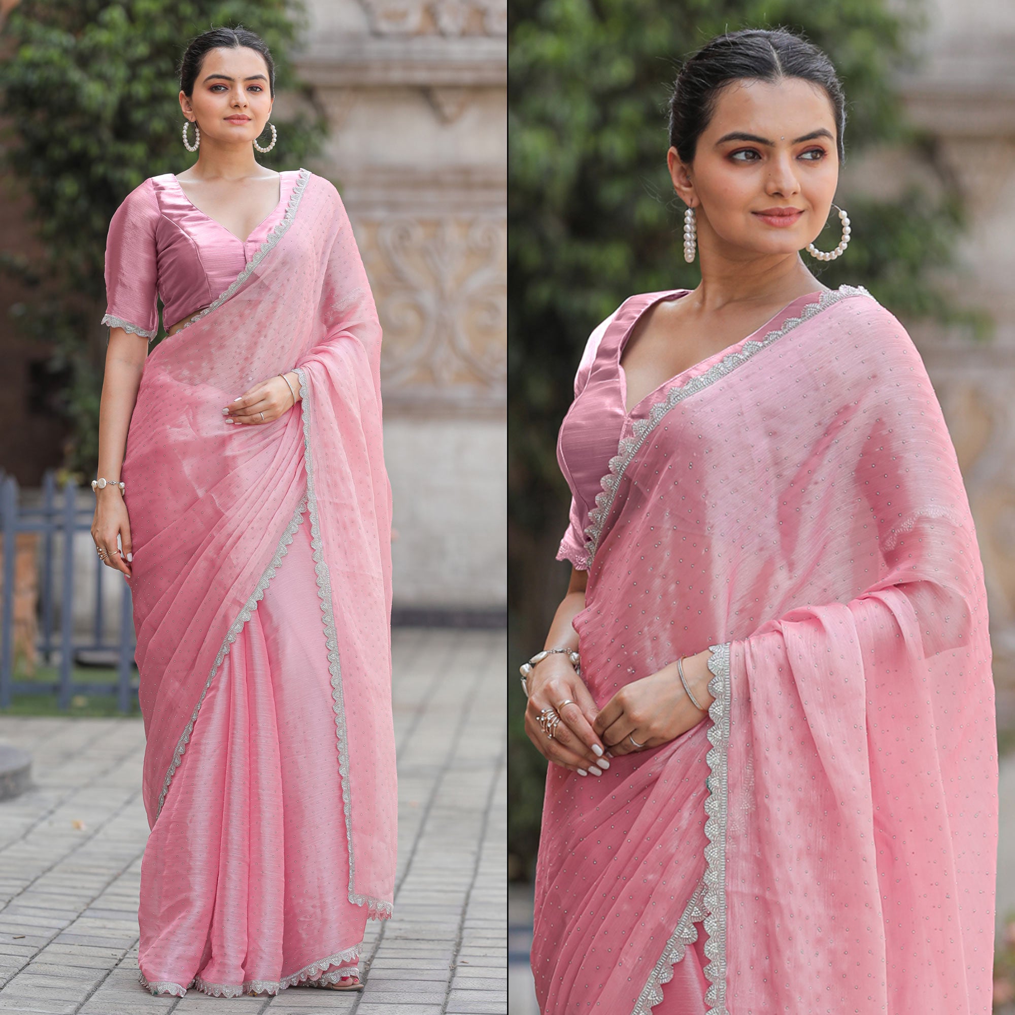 Pink Stonework Tussar Silk Saree