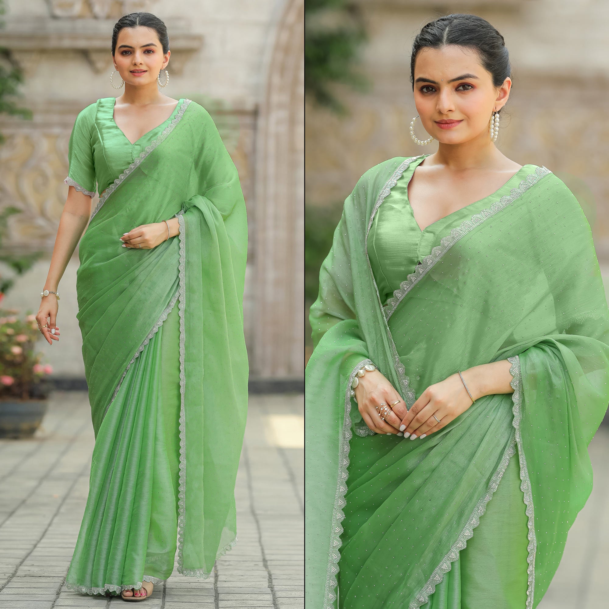 Green Stonework Tussar Silk Saree