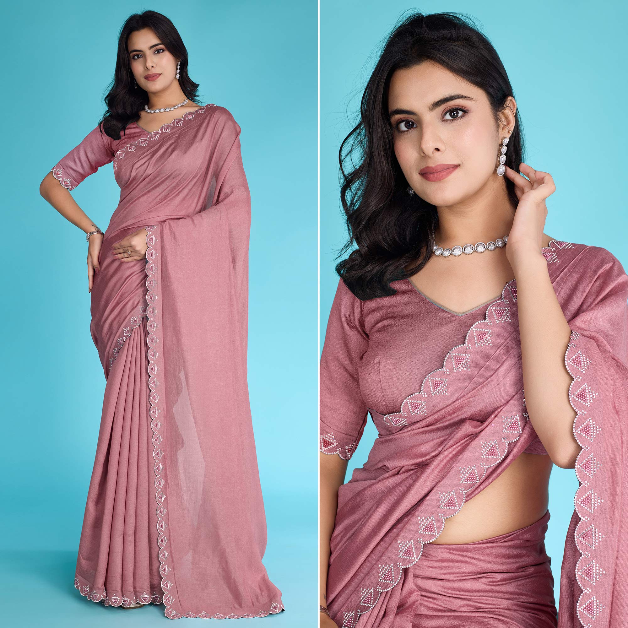 Dusty Rose Pink Solid With Zarkan & Pearl Diamond Lace Khadi Shimmer Saree