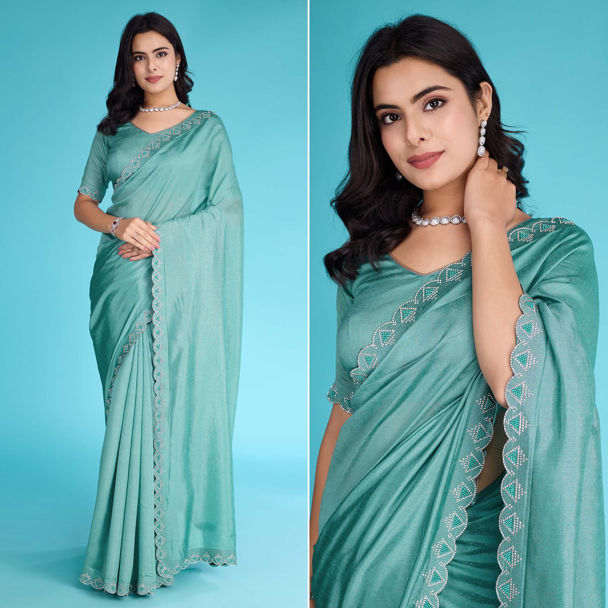 Turquoise Solid With Zarkan & Pearl Diamond Lace Khadi Shimmer Saree