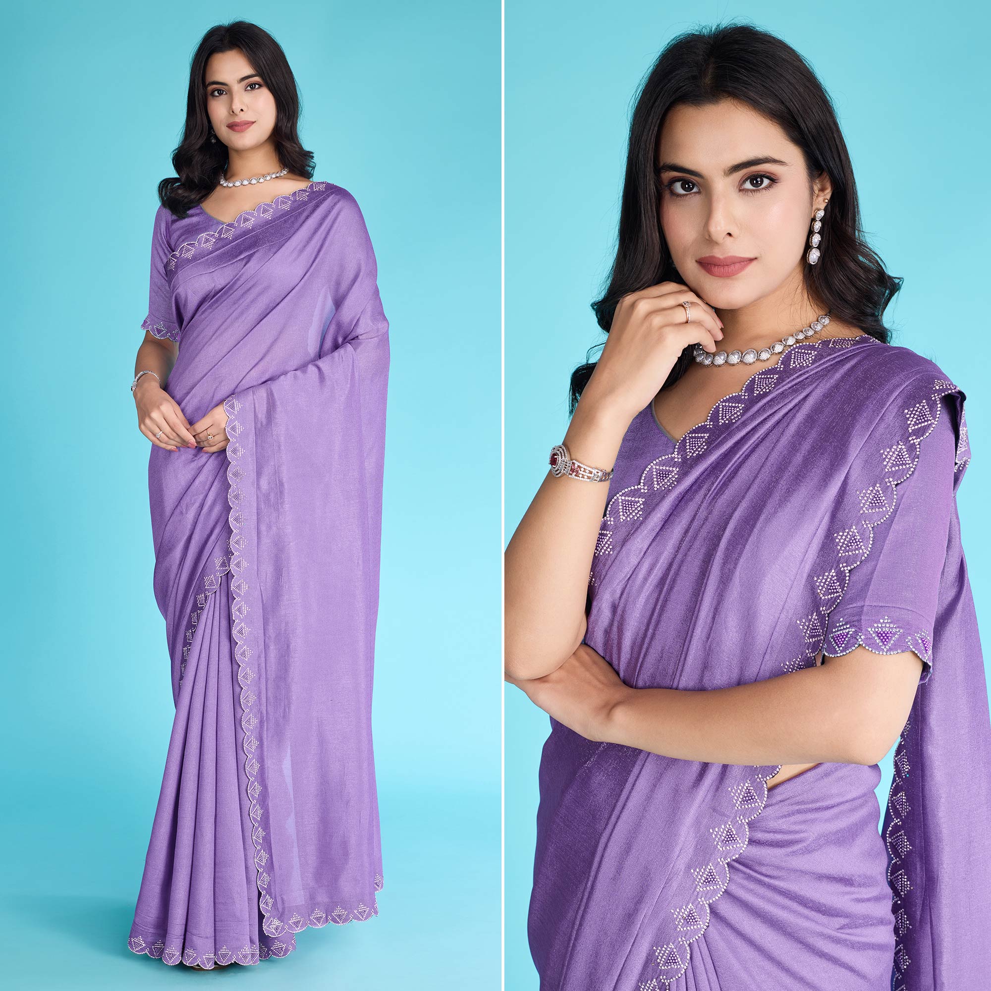 Lavender Solid With Zarkan & Pearl Diamond Lace Khadi Shimmer Saree