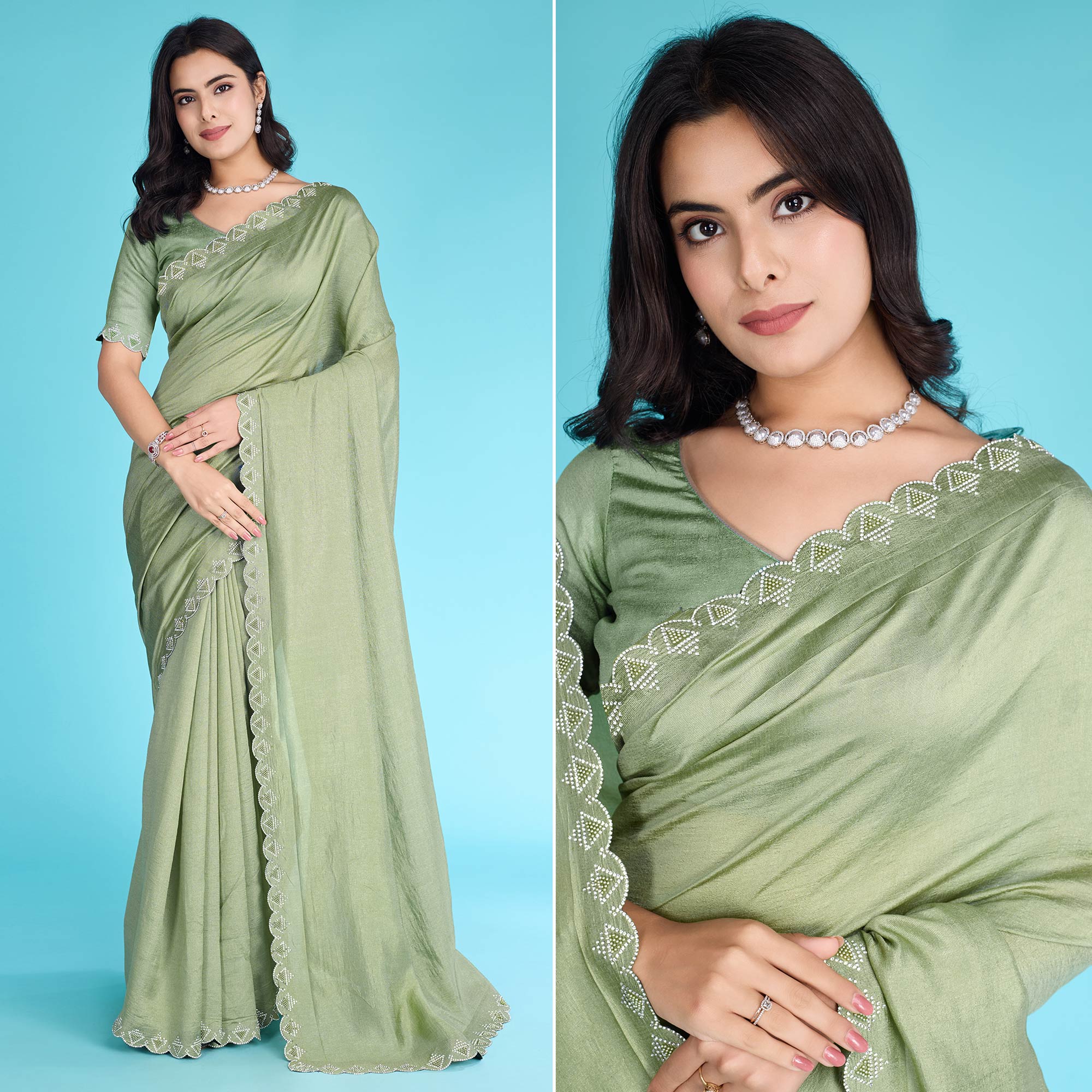 Green Solid With Zarkan & Pearl Diamond Lace Khadi Shimmer Saree