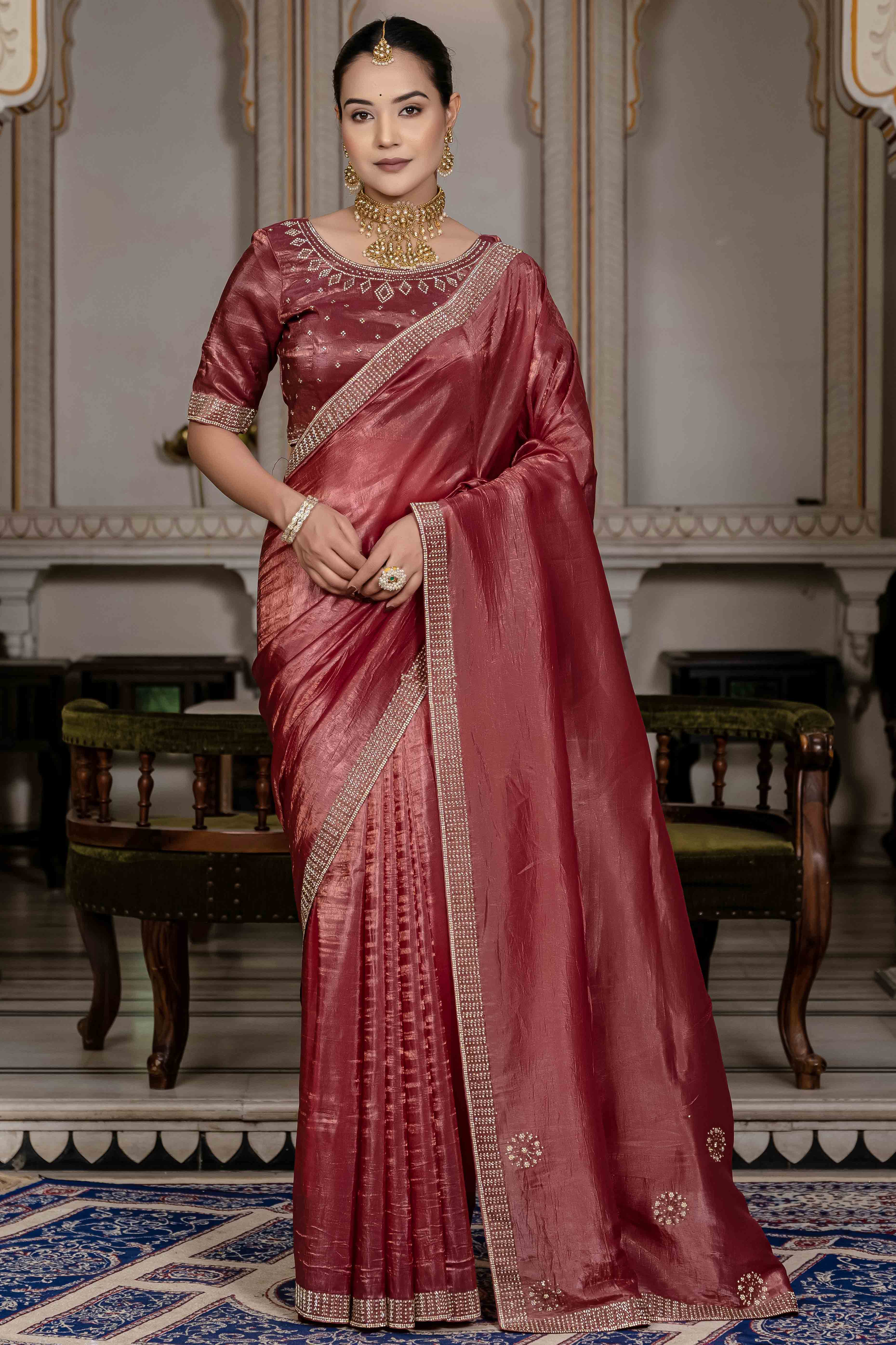 Brick Red Tissue Gold Crush Saree With Exquisite Cutdana & Zarkan Hand Embellishment