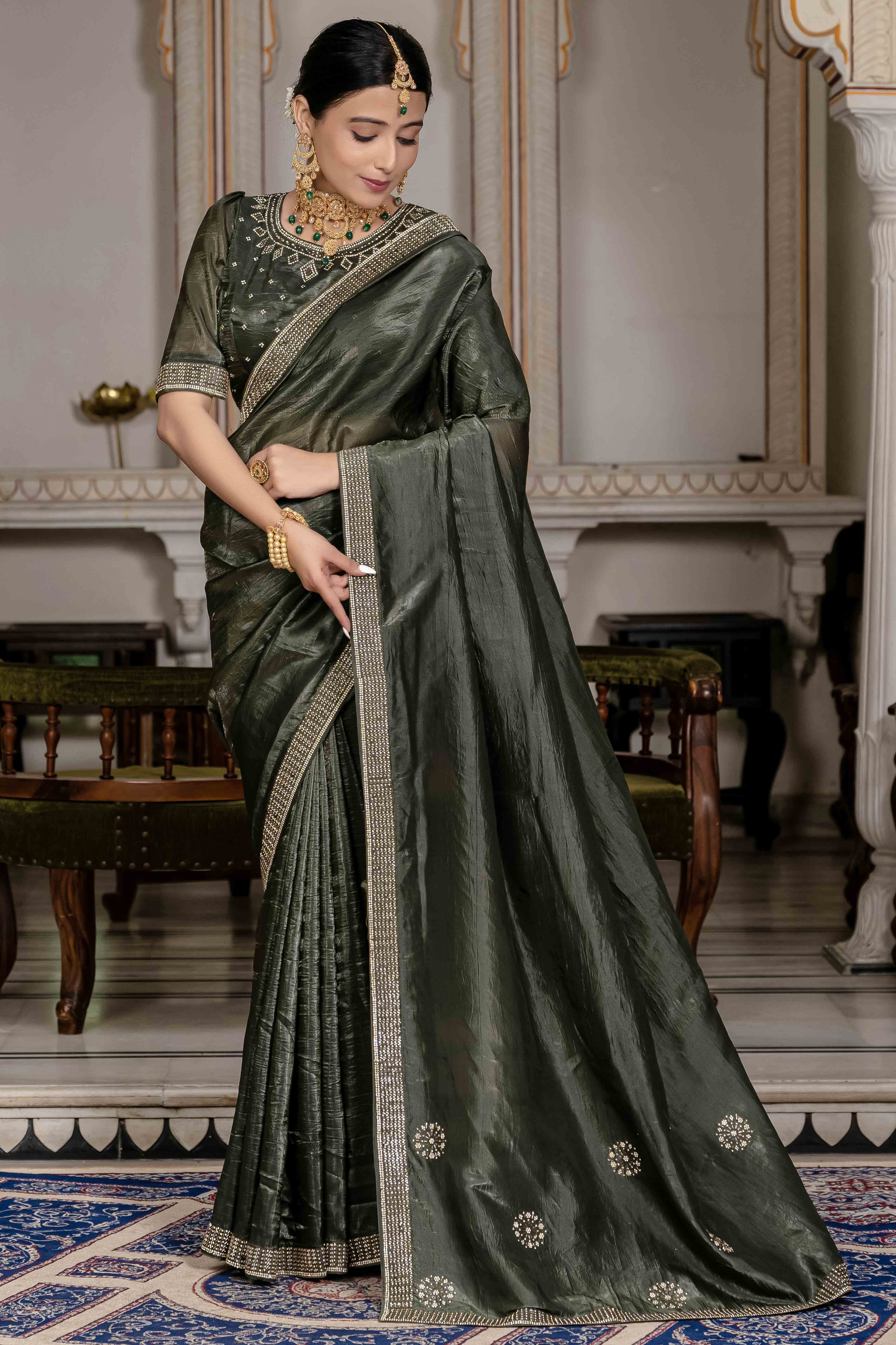 Green Tissue Gold Crush Saree With Exquisite Cutdana & Zarkan Hand Embellishment