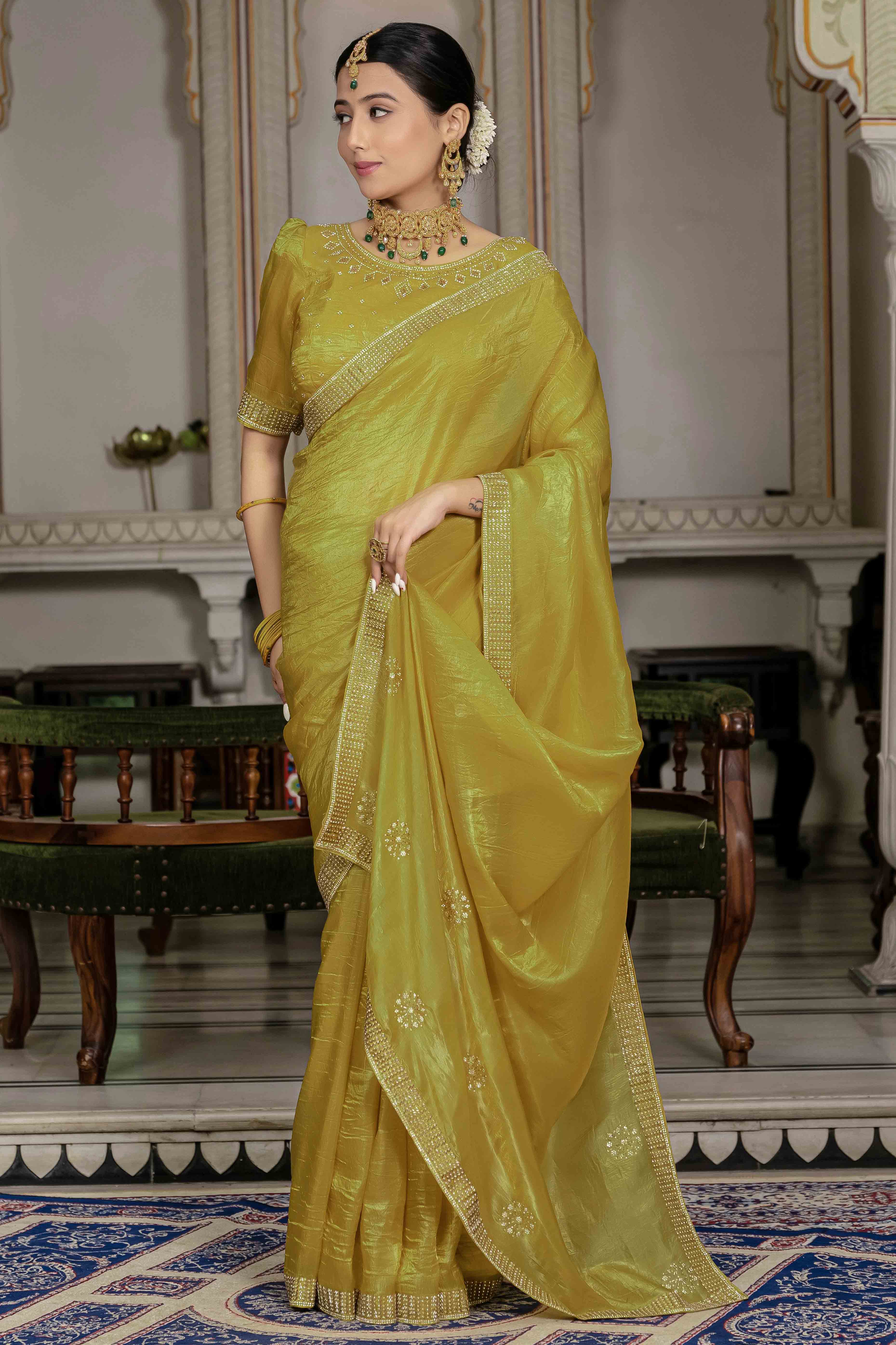 Mustard Tissue Gold Crush Saree With Exquisite Cutdana & Zarkan Hand Embellishment
