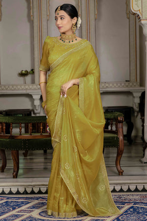 Mustard Tissue Gold Crush Saree With Exquisite Cutdana & Zarkan Hand Embellishment