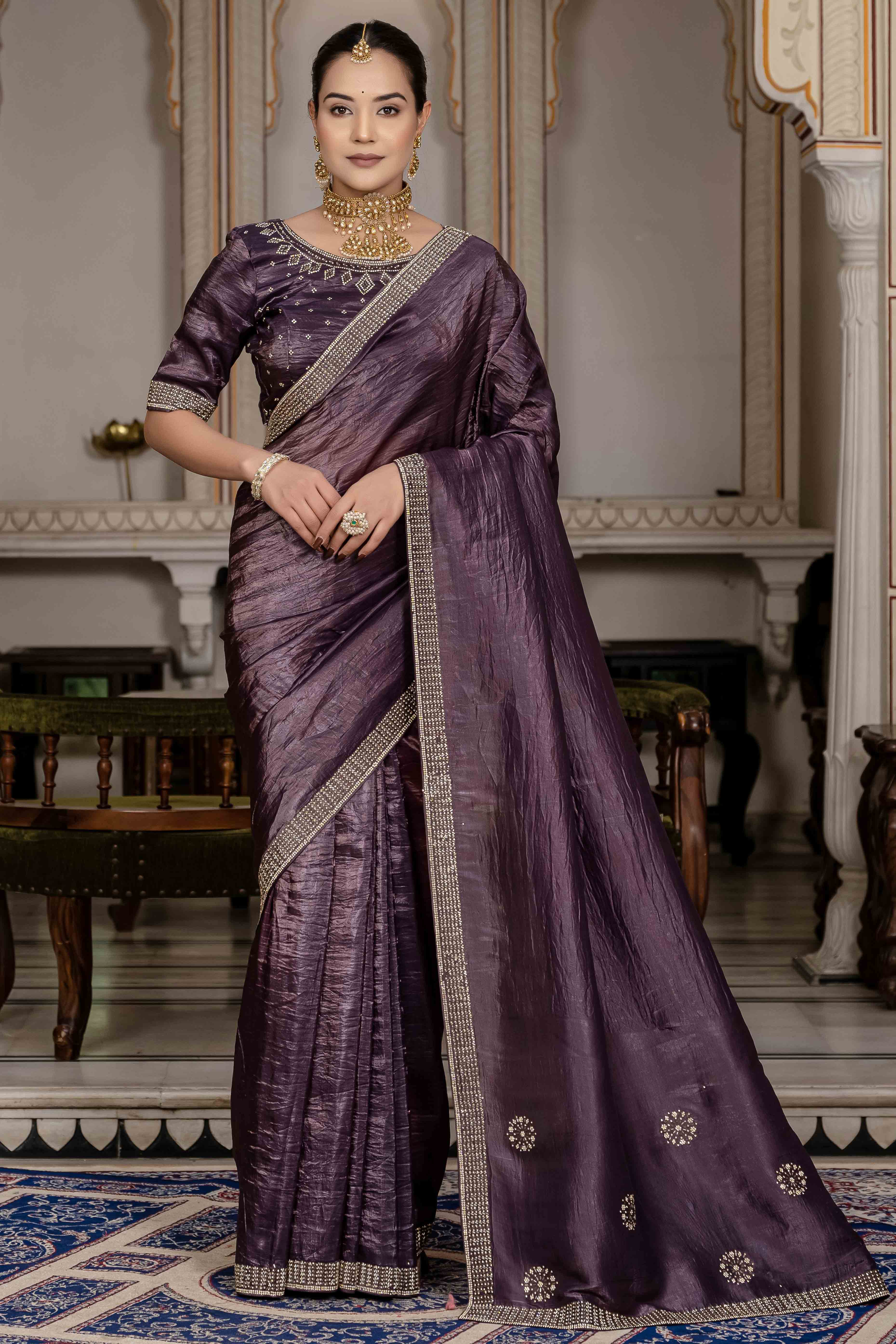 Purple Tissue Gold Crush Saree With Exquisite Cutdana & Zarkan Hand Embellishment